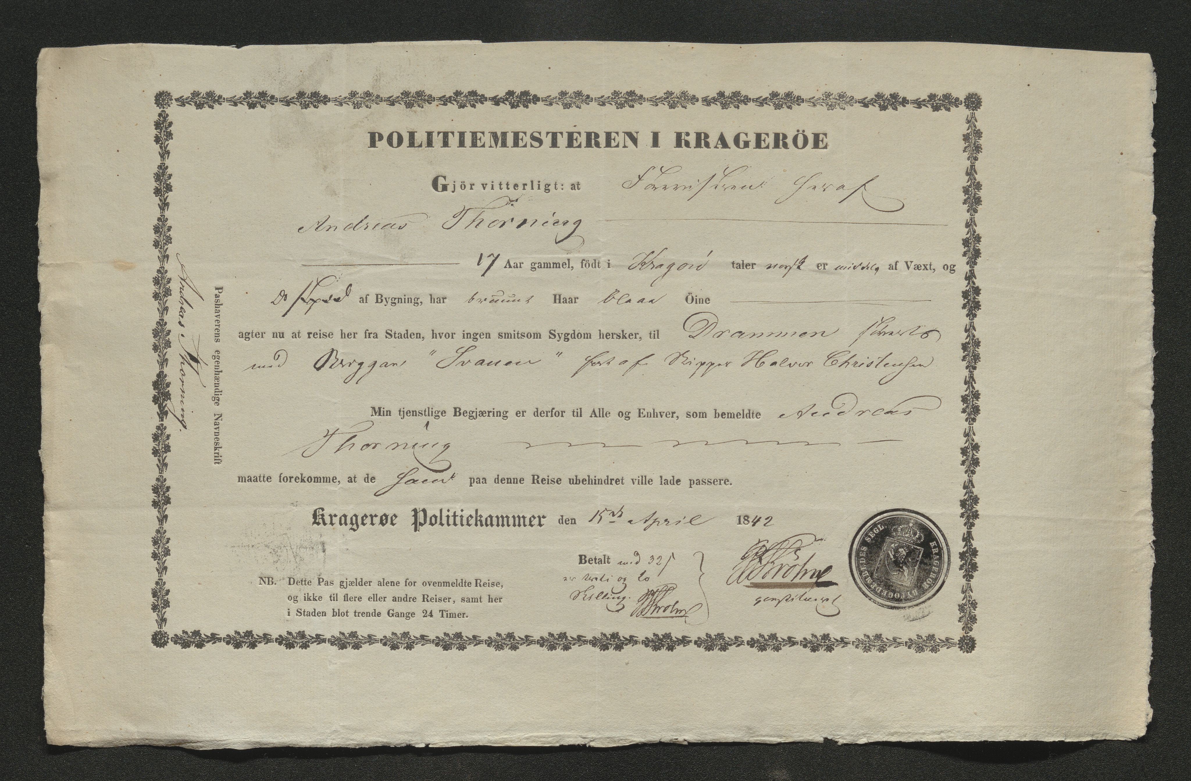 Drammen politikammer, SAKO/A-623/I/Ia/Iab/L0006: Innleverte pass, 1841-1842, s. 397