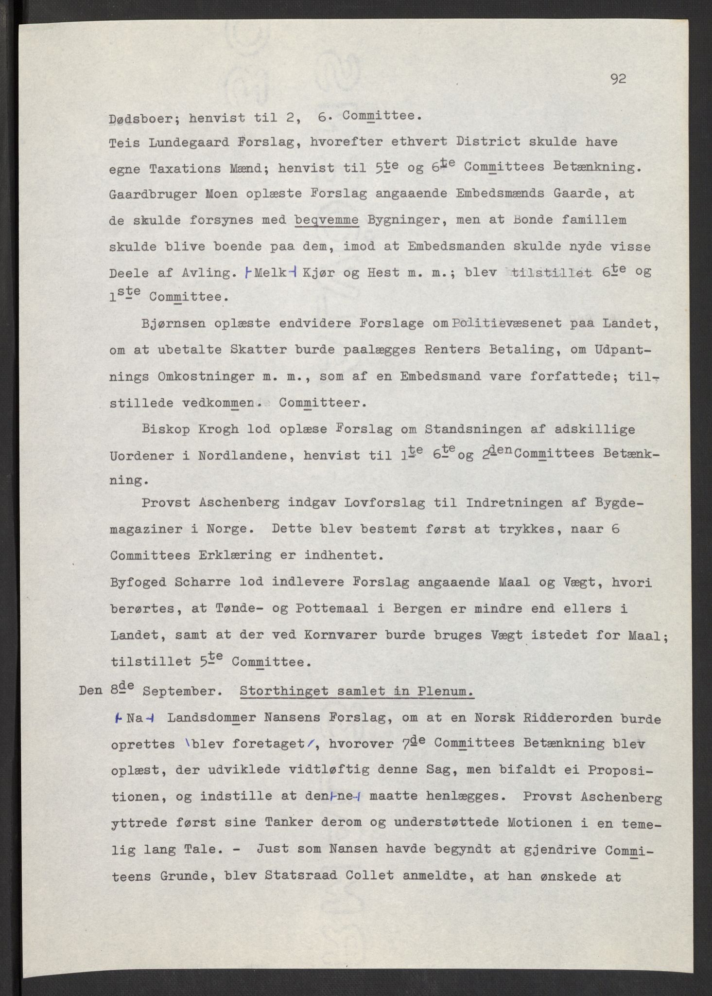 Manuskriptsamlingen, AV/RA-EA-3667/F/L0197: Wetlesen, Hans Jørgen (stortingsmann, ingeniørkaptein); Referat fra Stortinget 1815-1816, 1815-1816, s. 92