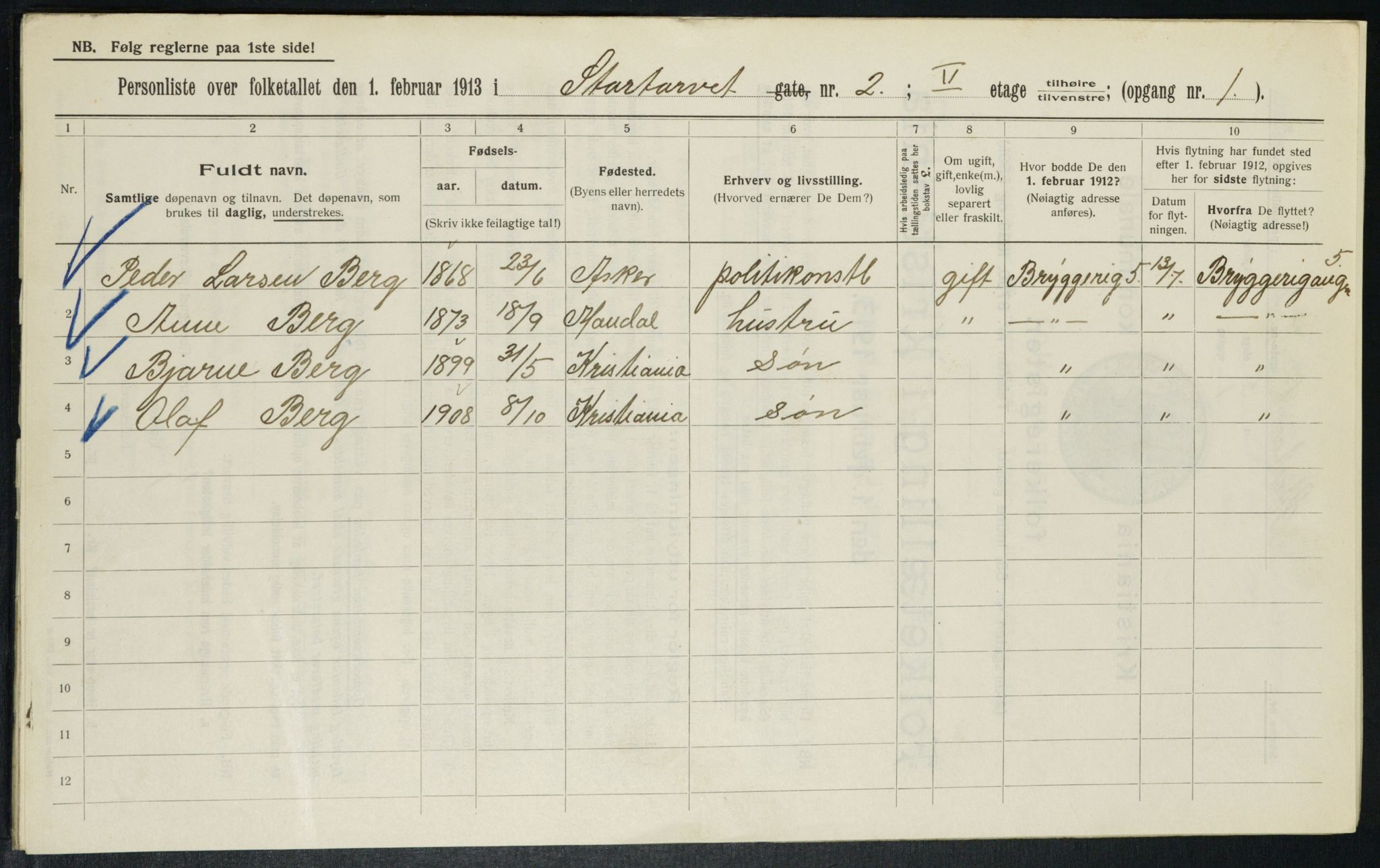 OBA, Kommunal folketelling 1.2.1913 for Kristiania, 1913, s. 103682