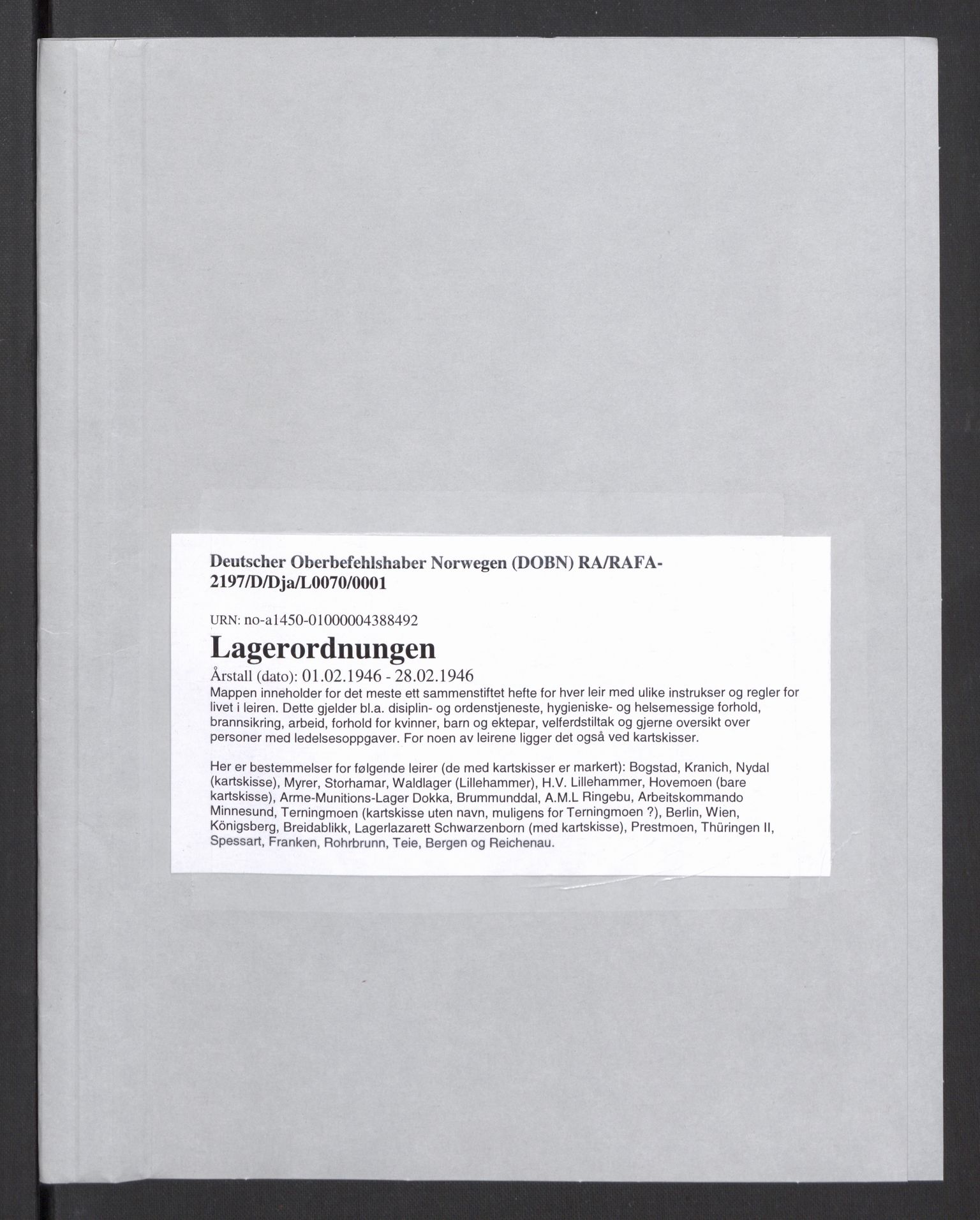 Deutscher Oberbefehlshaber Norwegen (DOBN), AV/RA-RAFA-2197/D/Dja/L0070/0001: DBO Abt. 1a / Lagerordnungen, 1946