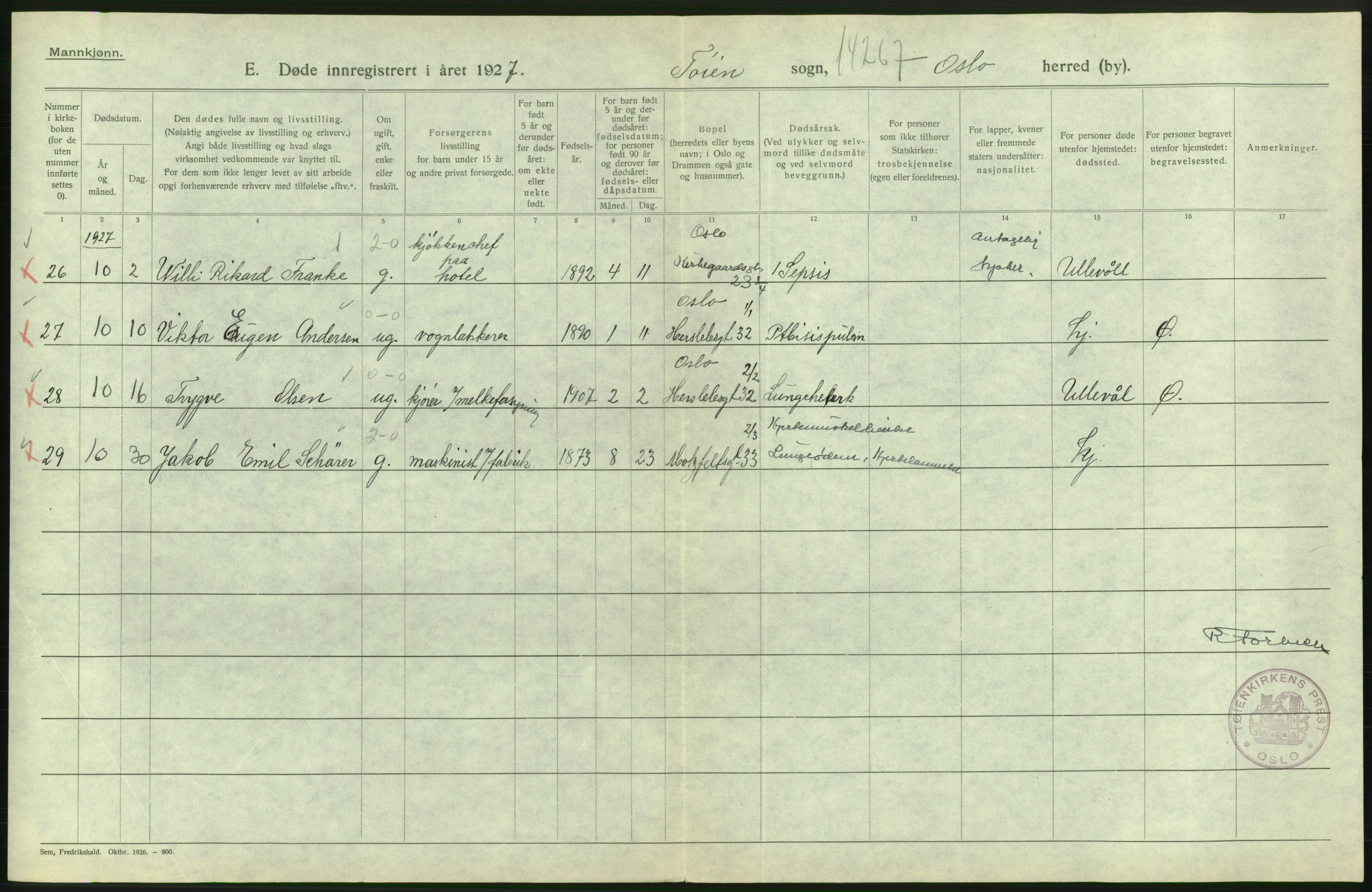 Statistisk sentralbyrå, Sosiodemografiske emner, Befolkning, AV/RA-S-2228/D/Df/Dfc/Dfcg/L0009: Oslo: Døde menn, 1927, s. 616