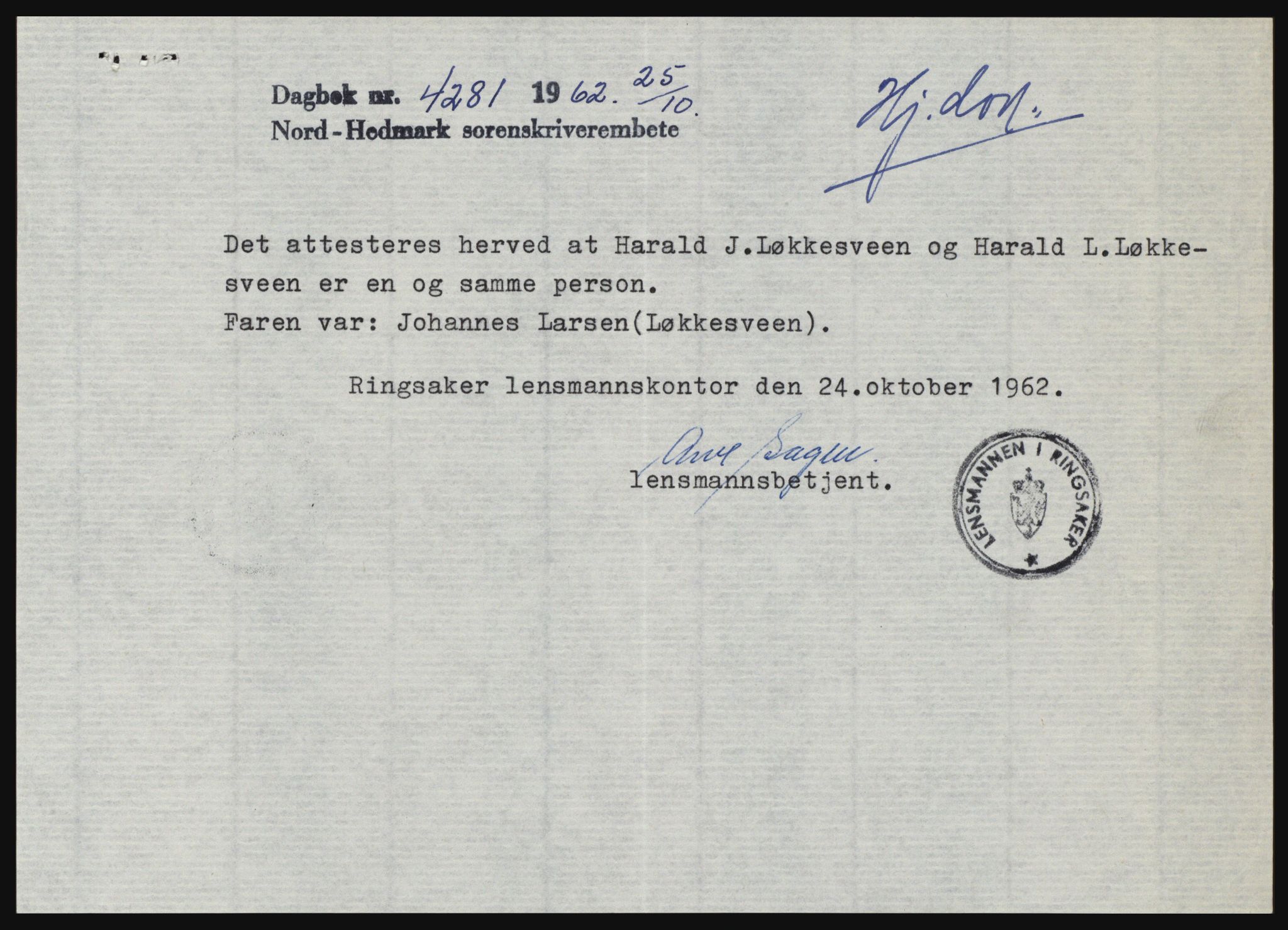 Nord-Hedmark sorenskriveri, SAH/TING-012/H/Hc/L0016: Pantebok nr. 16, 1962-1962, Dagboknr: 4281/1962