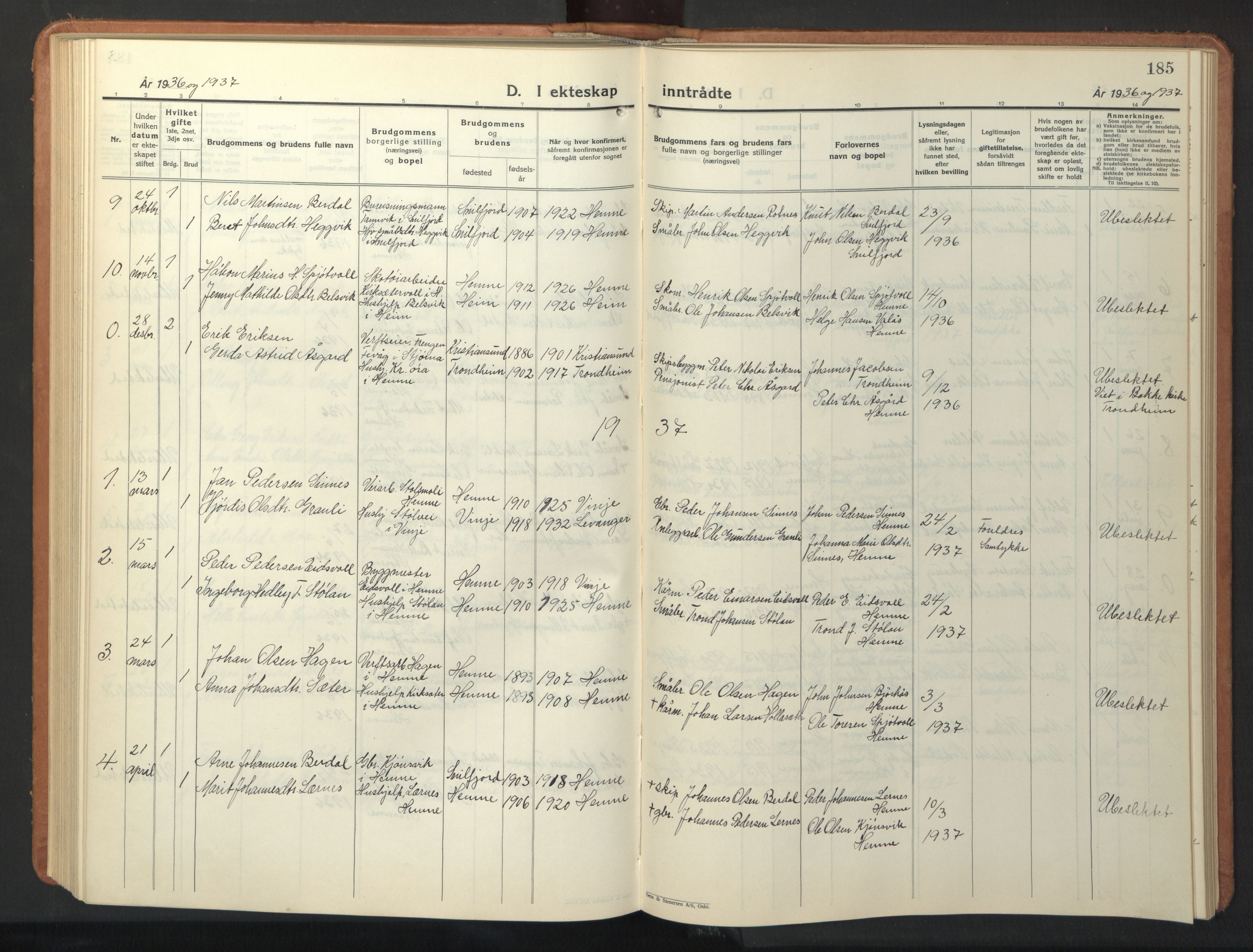 Ministerialprotokoller, klokkerbøker og fødselsregistre - Sør-Trøndelag, AV/SAT-A-1456/630/L0508: Klokkerbok nr. 630C06, 1933-1950, s. 185