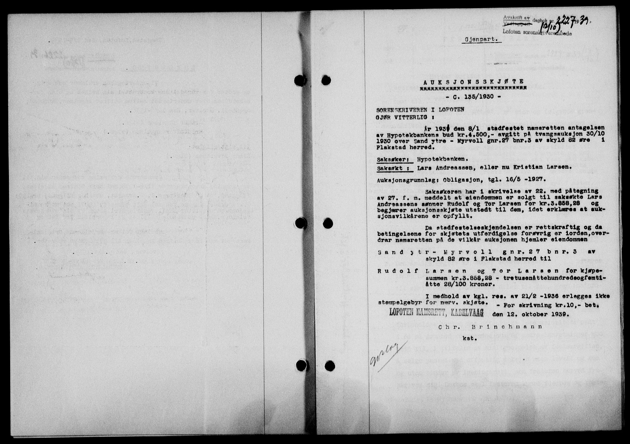 Lofoten sorenskriveri, SAT/A-0017/1/2/2C/L0006a: Pantebok nr. 6a, 1939-1939, Dagboknr: 2227/1939
