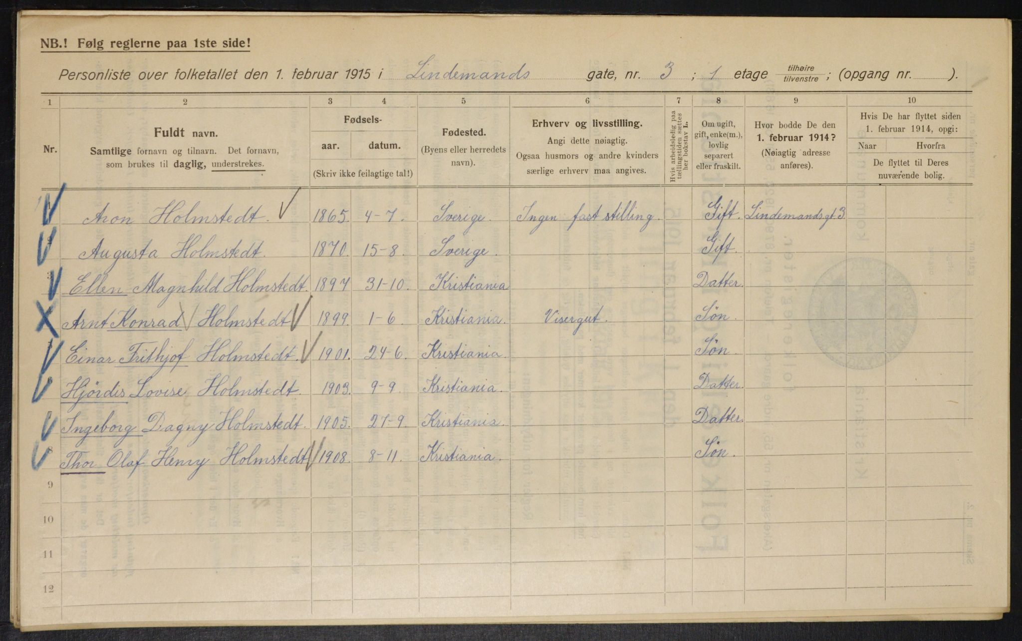 OBA, Kommunal folketelling 1.2.1915 for Kristiania, 1915, s. 57119