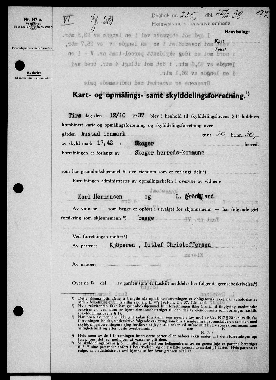 Holmestrand sorenskriveri, SAKO/A-67/G/Ga/Gaa/L0049: Pantebok nr. A-49, 1937-1938, Dagboknr: 235/1938