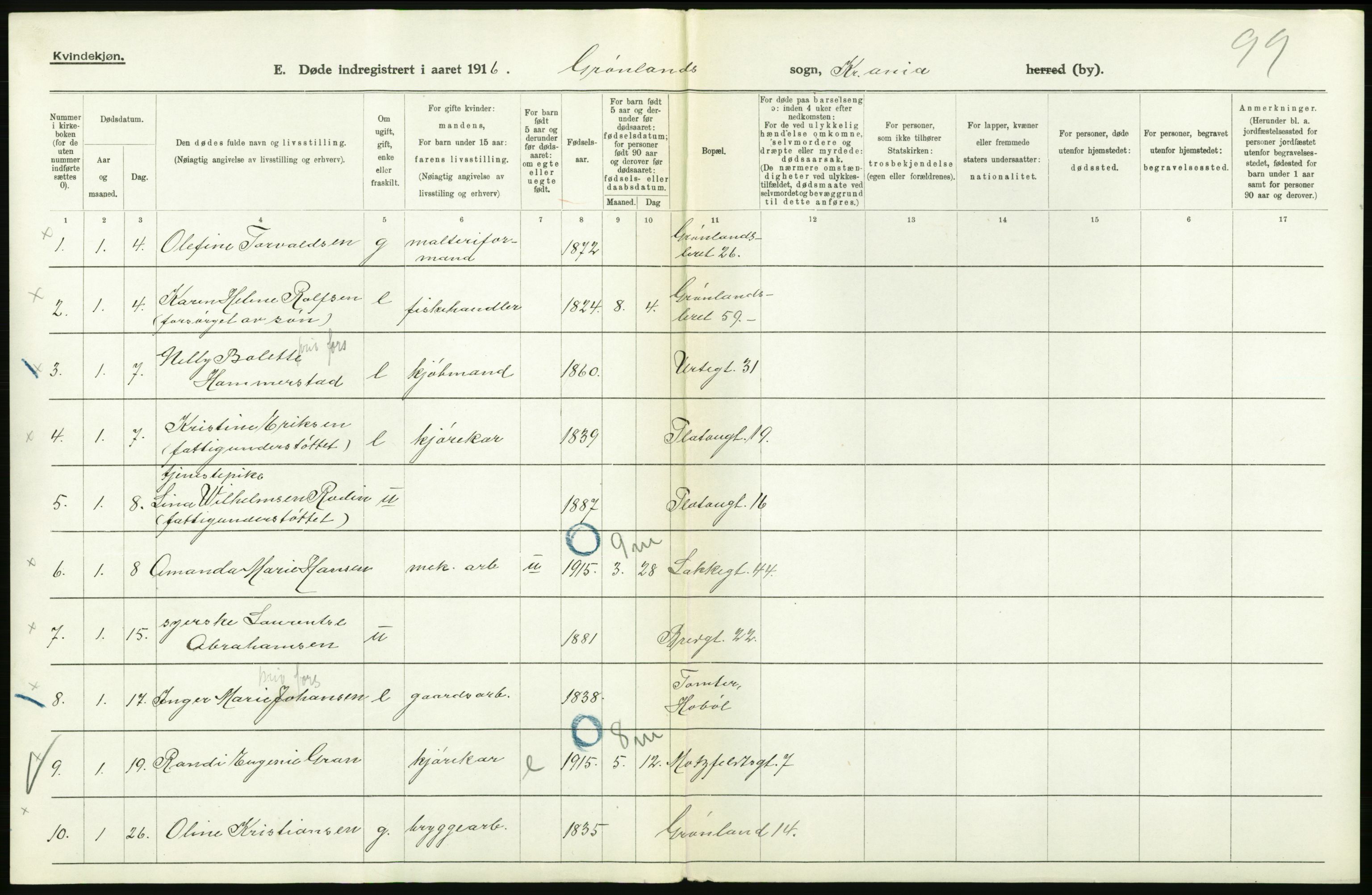 Statistisk sentralbyrå, Sosiodemografiske emner, Befolkning, AV/RA-S-2228/D/Df/Dfb/Dfbf/L0009: Kristiania: Døde., 1916, s. 232