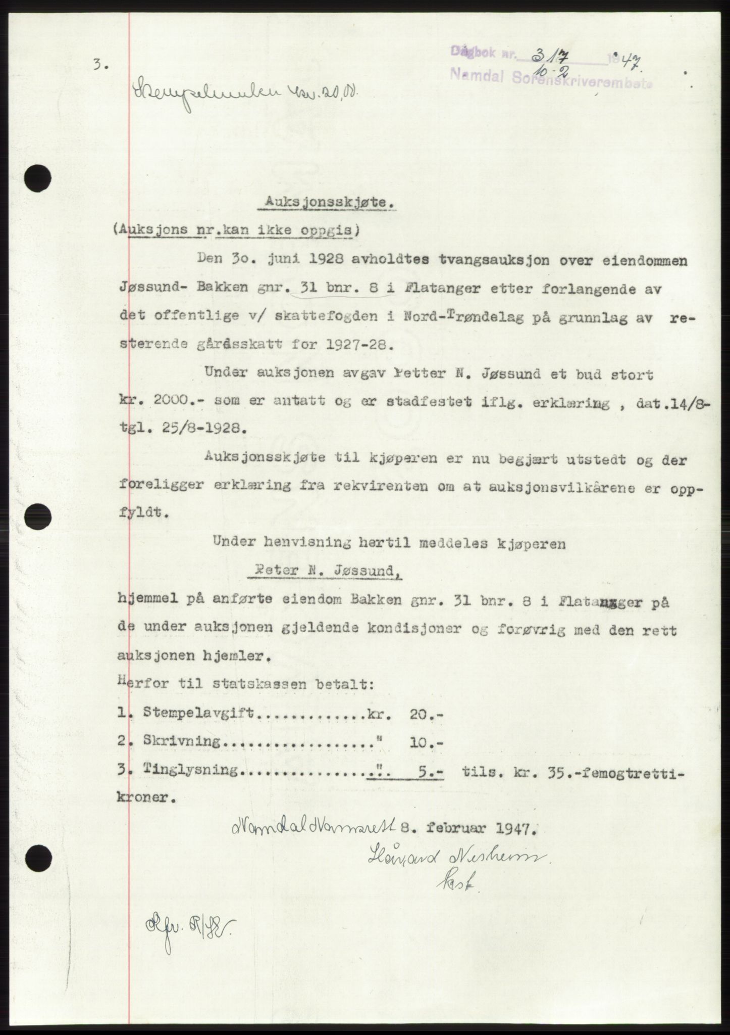 Namdal sorenskriveri, SAT/A-4133/1/2/2C: Pantebok nr. -, 1946-1947, Dagboknr: 317/1947