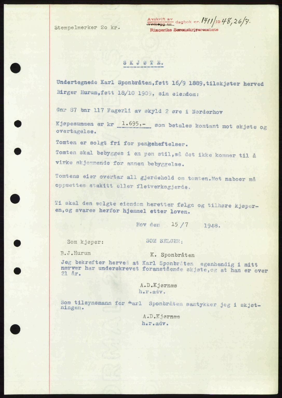 Ringerike sorenskriveri, SAKO/A-105/G/Ga/Gab/L0088: Pantebok nr. A-19, 1948-1948, Dagboknr: 1411/1948