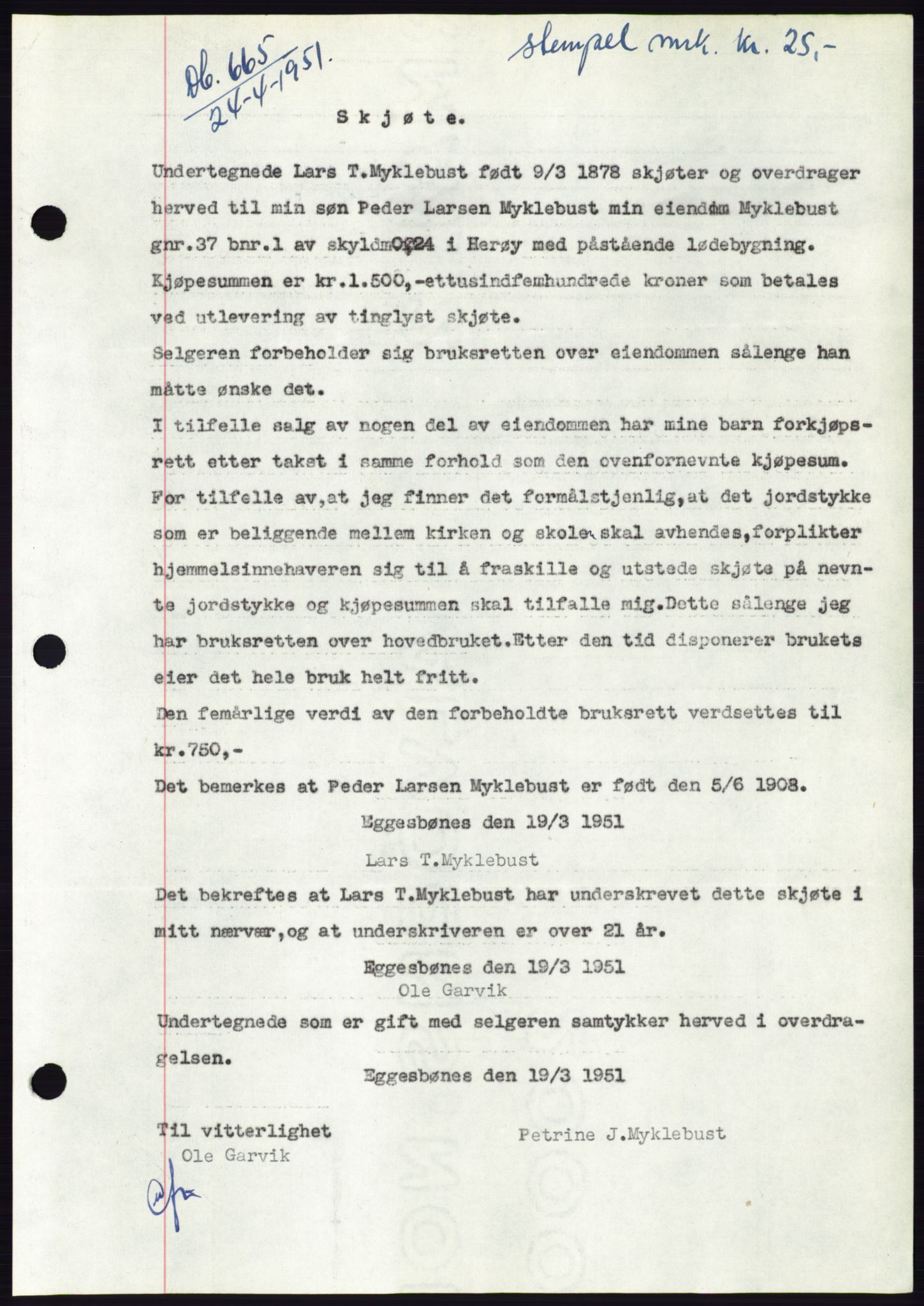 Søre Sunnmøre sorenskriveri, SAT/A-4122/1/2/2C/L0089: Pantebok nr. 15A, 1951-1951, Dagboknr: 665/1951