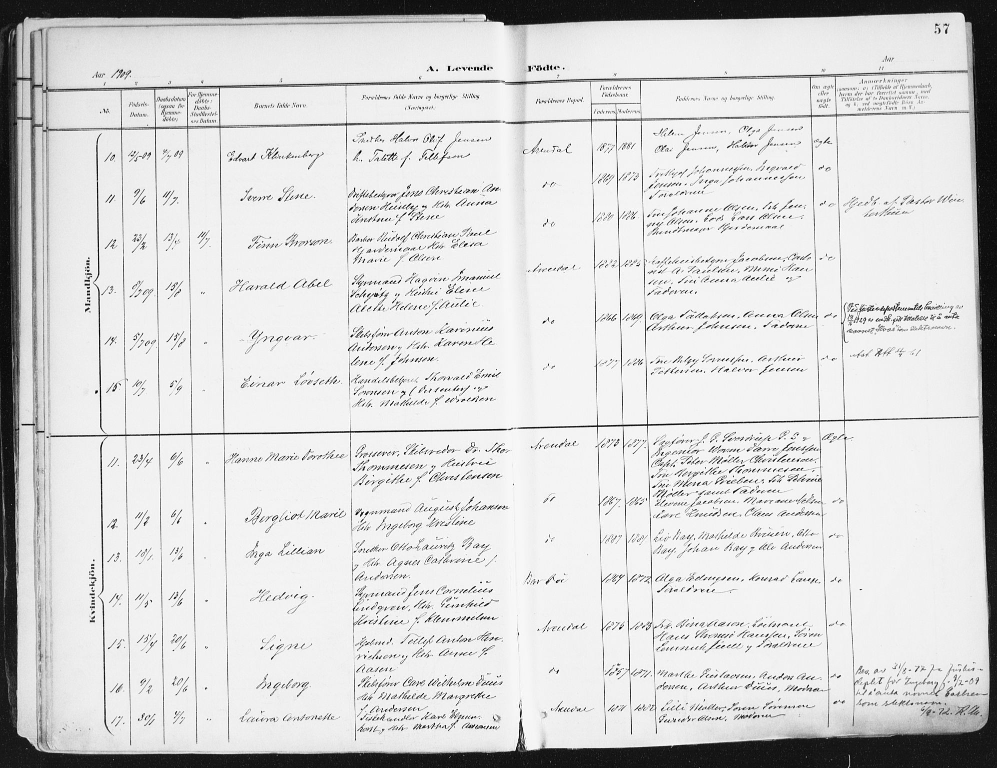 Arendal sokneprestkontor, Trefoldighet, SAK/1111-0040/F/Fa/L0010: Ministerialbok nr. A 10, 1900-1919, s. 57