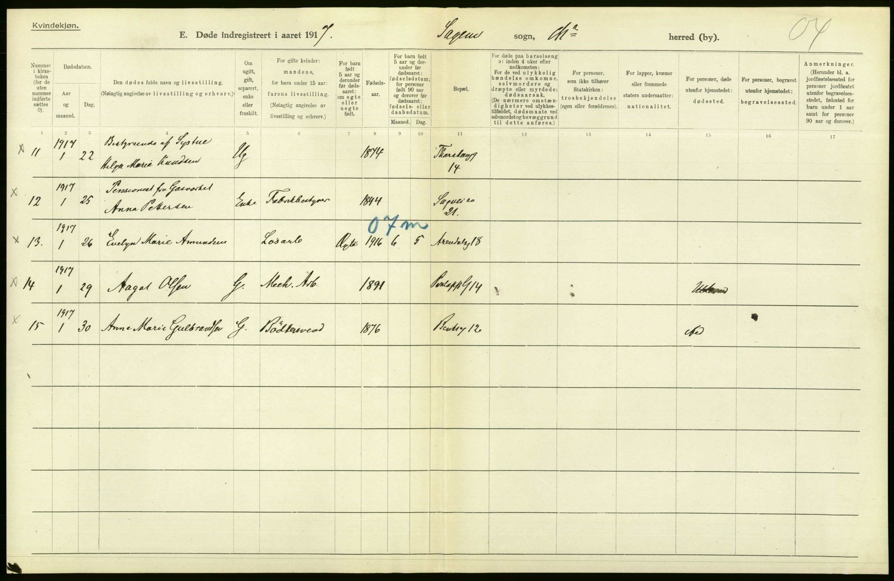 Statistisk sentralbyrå, Sosiodemografiske emner, Befolkning, AV/RA-S-2228/D/Df/Dfb/Dfbg/L0010: Kristiania: Døde, 1917, s. 116