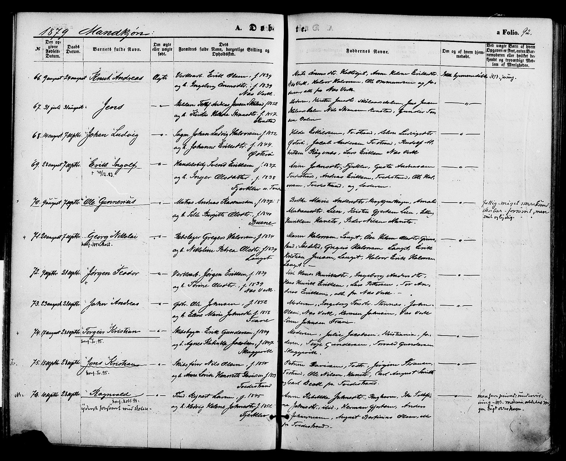 Holt sokneprestkontor, AV/SAK-1111-0021/F/Fa/L0010: Ministerialbok nr. A 10, 1872-1885, s. 92