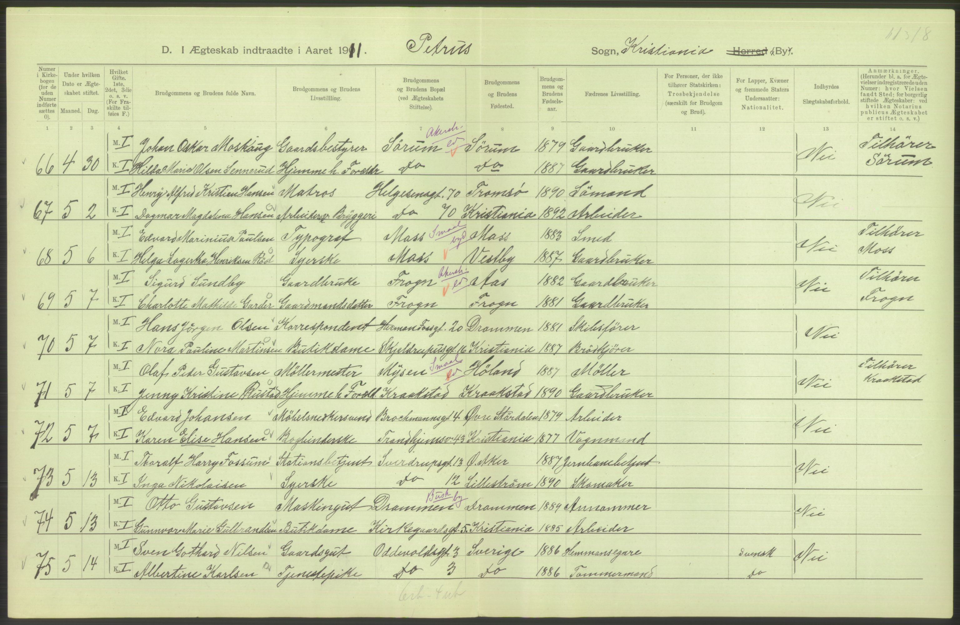 Statistisk sentralbyrå, Sosiodemografiske emner, Befolkning, AV/RA-S-2228/D/Df/Dfb/Dfba/L0008: Kristiania: Gifte, 1911, s. 16