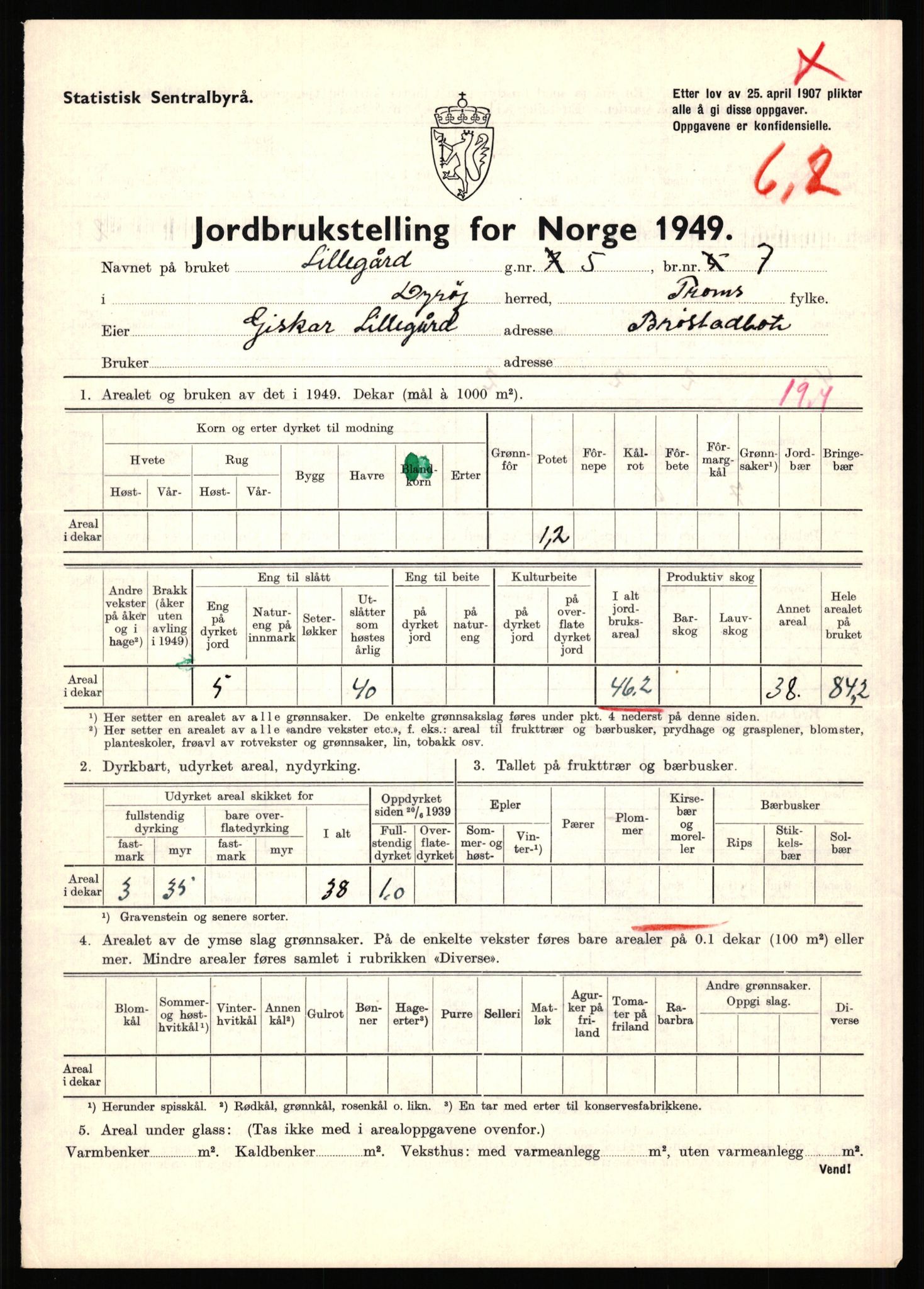 Statistisk sentralbyrå, Næringsøkonomiske emner, Jordbruk, skogbruk, jakt, fiske og fangst, AV/RA-S-2234/G/Gc/L0440: Troms: Sørreisa og Dyrøy, 1949, s. 1517