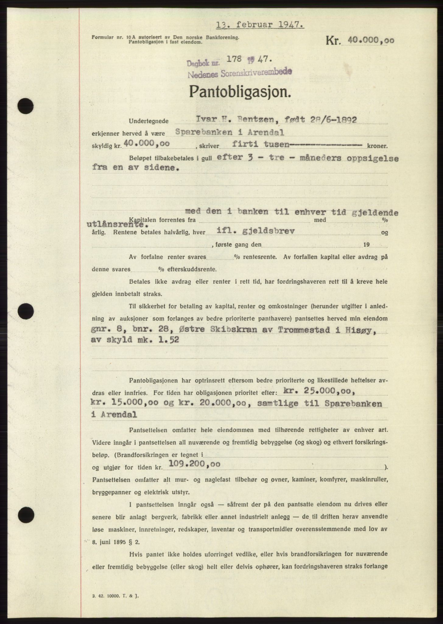 Nedenes sorenskriveri, SAK/1221-0006/G/Gb/Gbb/L0004: Pantebok nr. B4, 1947-1947, Dagboknr: 178/1947