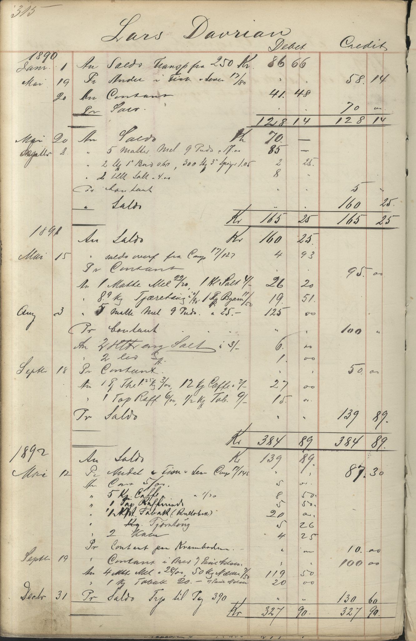 Brodtkorb handel A/S, VAMU/A-0001/F/Fc/L0001/0001: Konto for kvener og nordmenn på Kolahalvøya  / Conto for Kvæner og Nordmænd paa Russefinmarken No 1, 1868-1894, s. 315