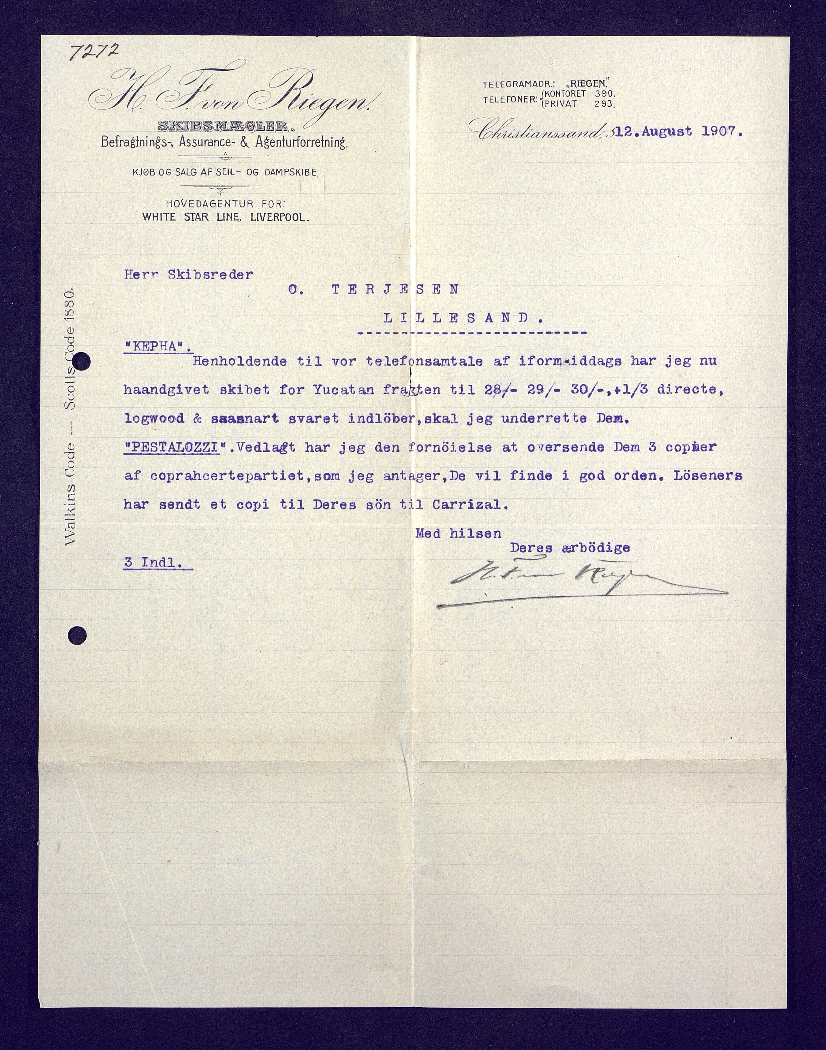O. Terjesens rederi, AAKS/PA-2525/E/E01/L0016: Korrespondanse, 1907
