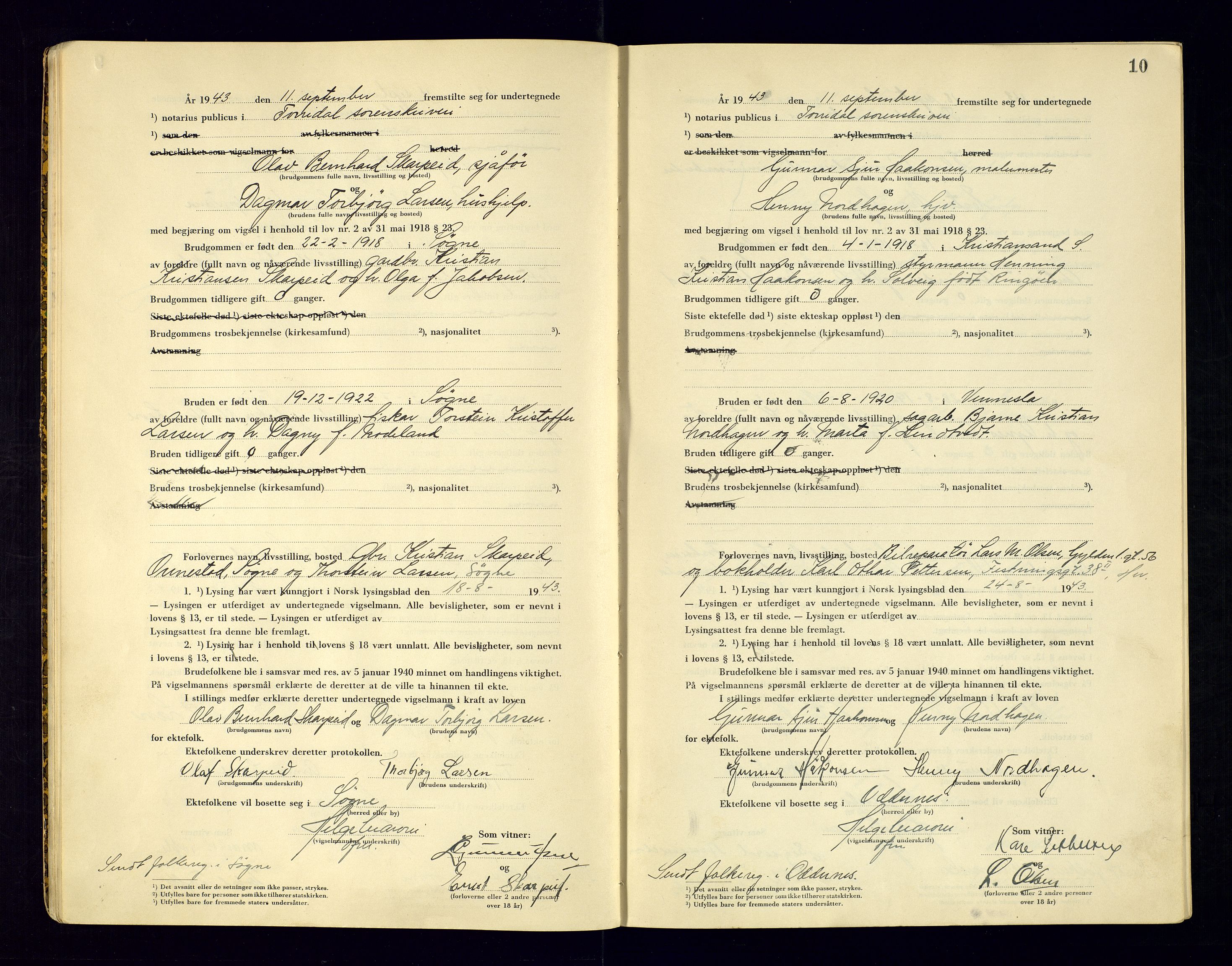 Torridal sorenskriveri, AV/SAK-1221-0012/L/Ld/L0004: Vigselbok nr. 2, 1943-1946, s. 10