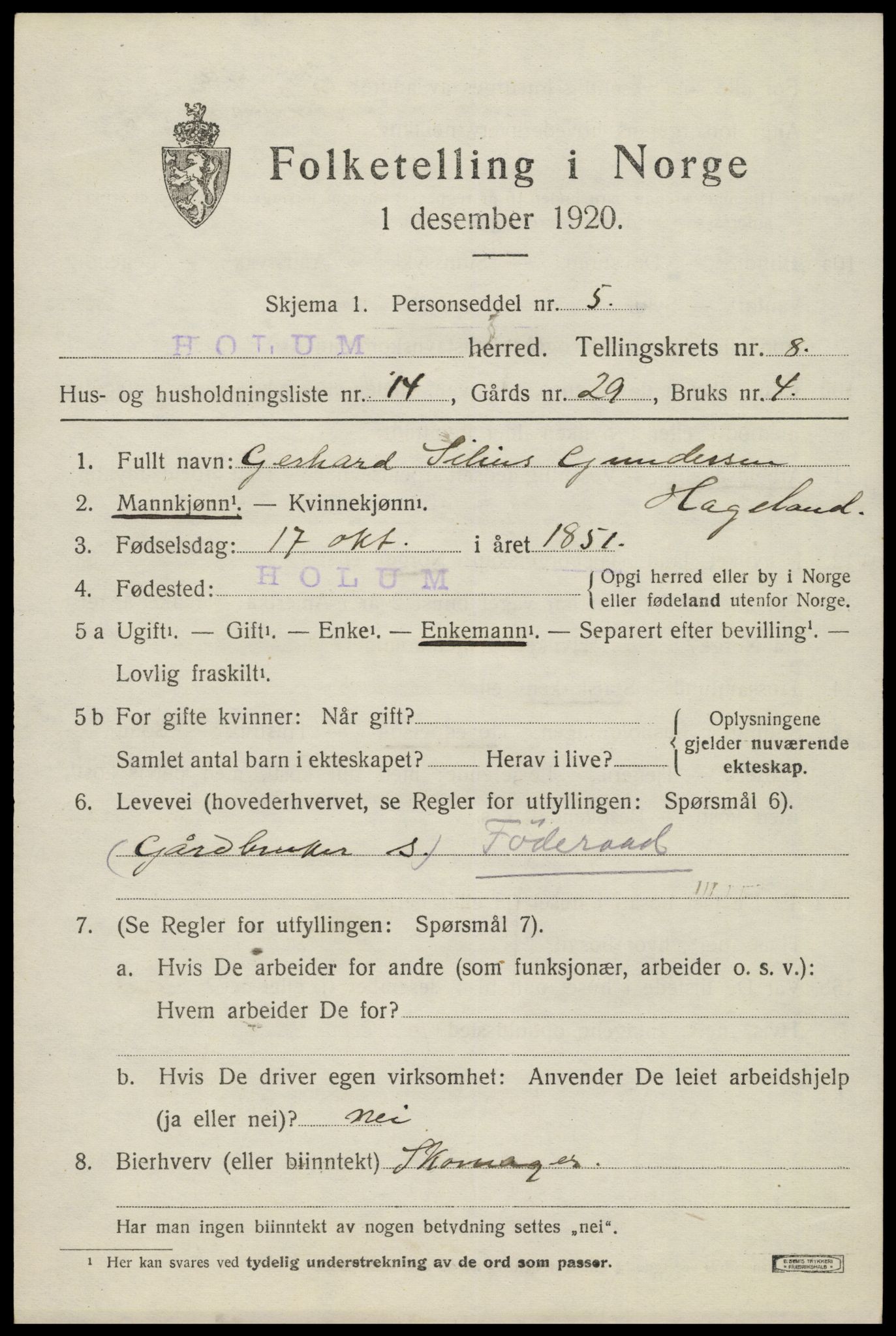 SAK, Folketelling 1920 for 1020 Holum herred, 1920, s. 2629