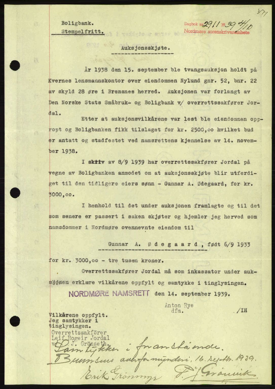 Nordmøre sorenskriveri, SAT/A-4132/1/2/2Ca: Pantebok nr. A87, 1939-1940, Dagboknr: 2911/1939