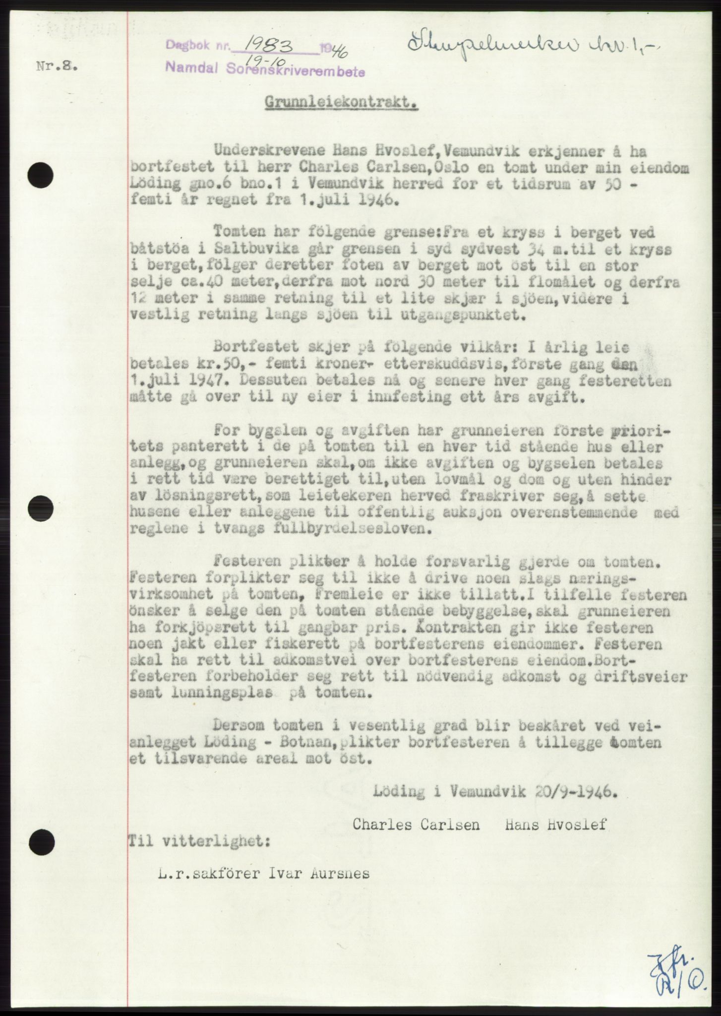 Namdal sorenskriveri, SAT/A-4133/1/2/2C: Pantebok nr. -, 1946-1947, Dagboknr: 1983/1946