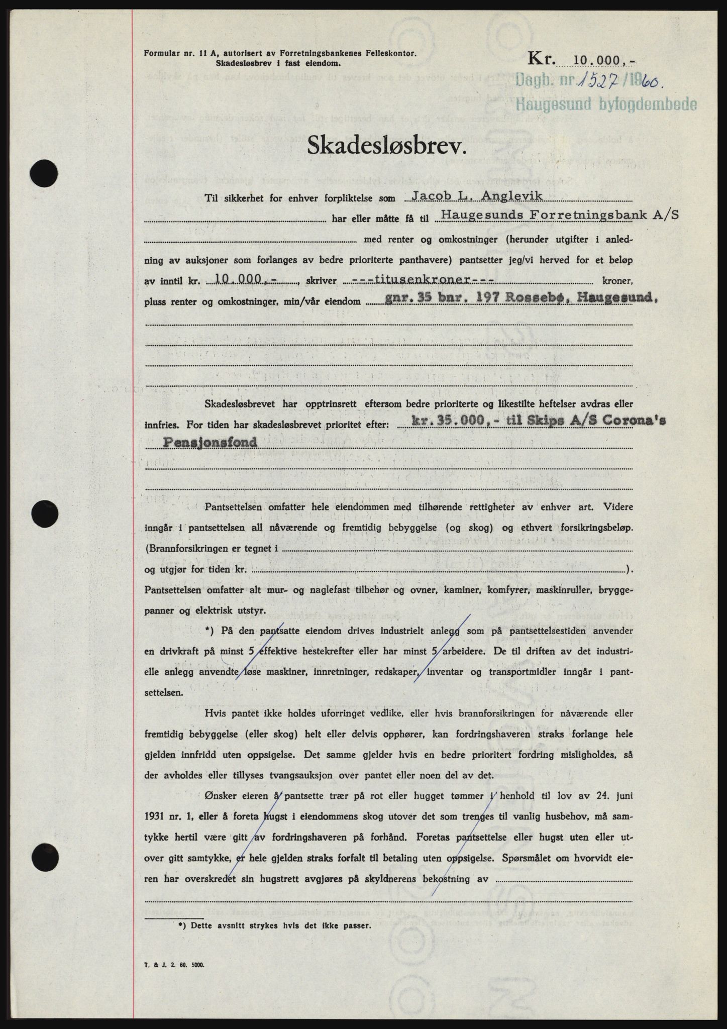 Haugesund tingrett, SAST/A-101415/01/II/IIC/L0046: Pantebok nr. B 46, 1960-1960, Dagboknr: 1527/1960