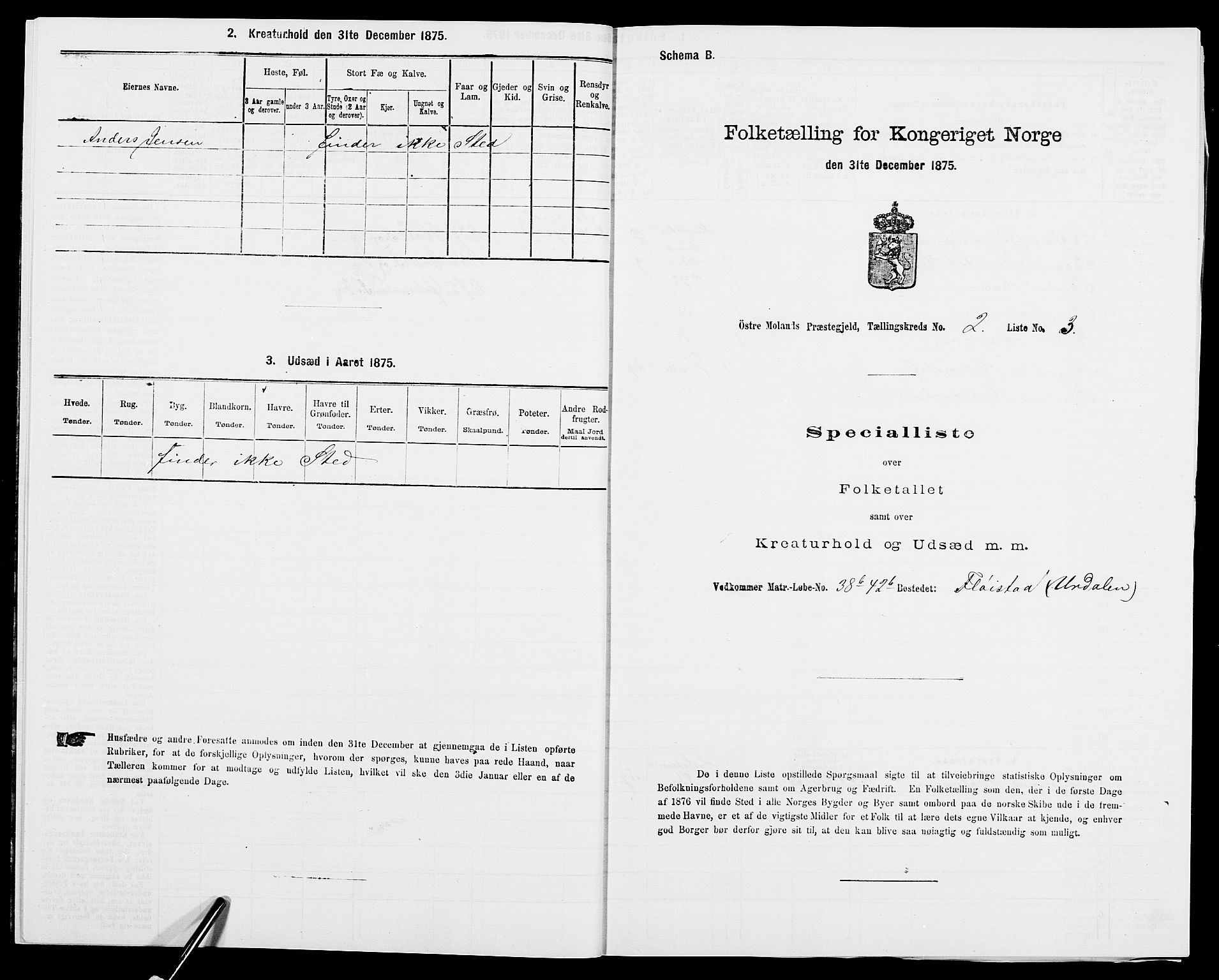 SAK, Folketelling 1875 for 0918P Austre Moland prestegjeld, 1875, s. 2878