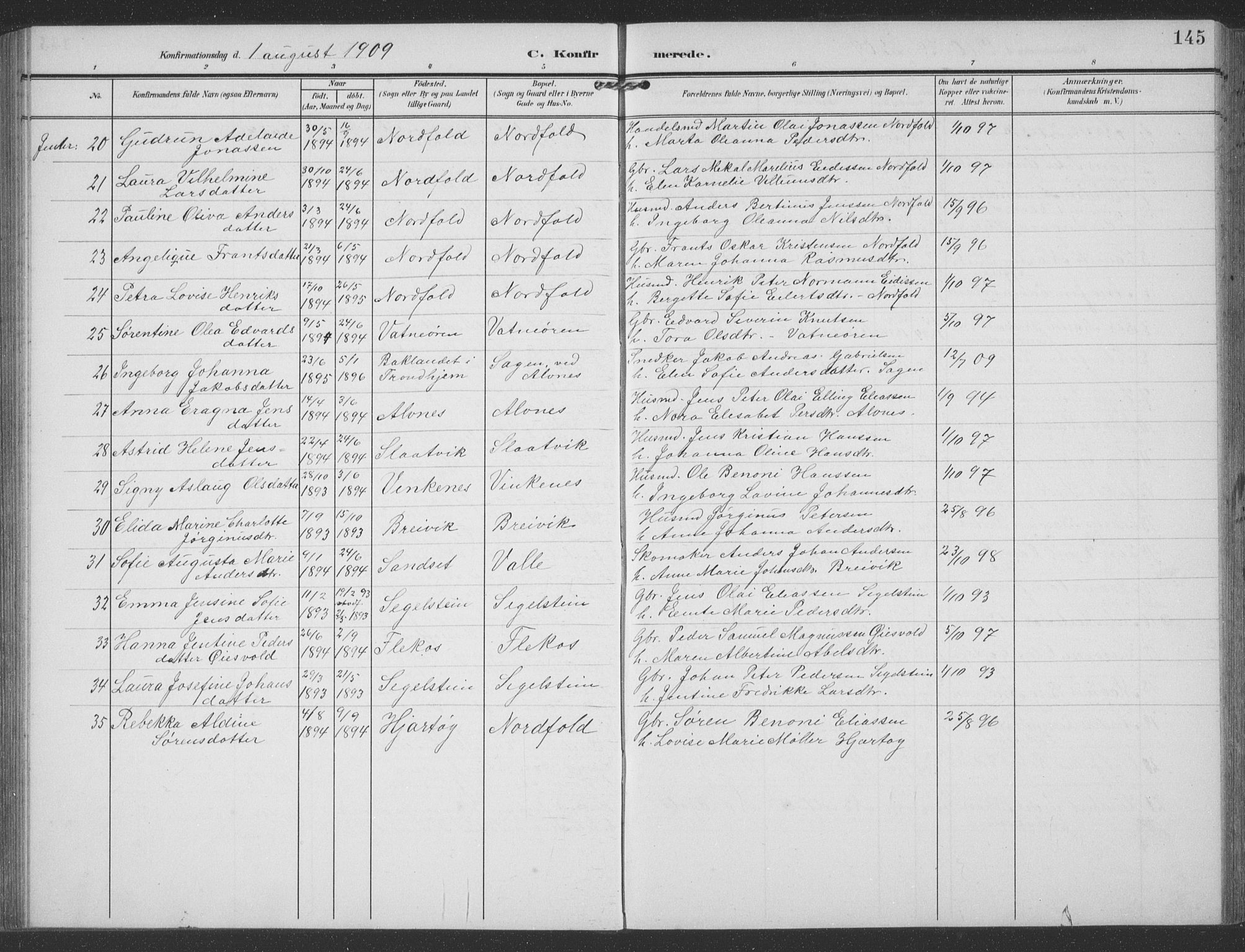 Ministerialprotokoller, klokkerbøker og fødselsregistre - Nordland, AV/SAT-A-1459/858/L0835: Klokkerbok nr. 858C02, 1904-1940, s. 145