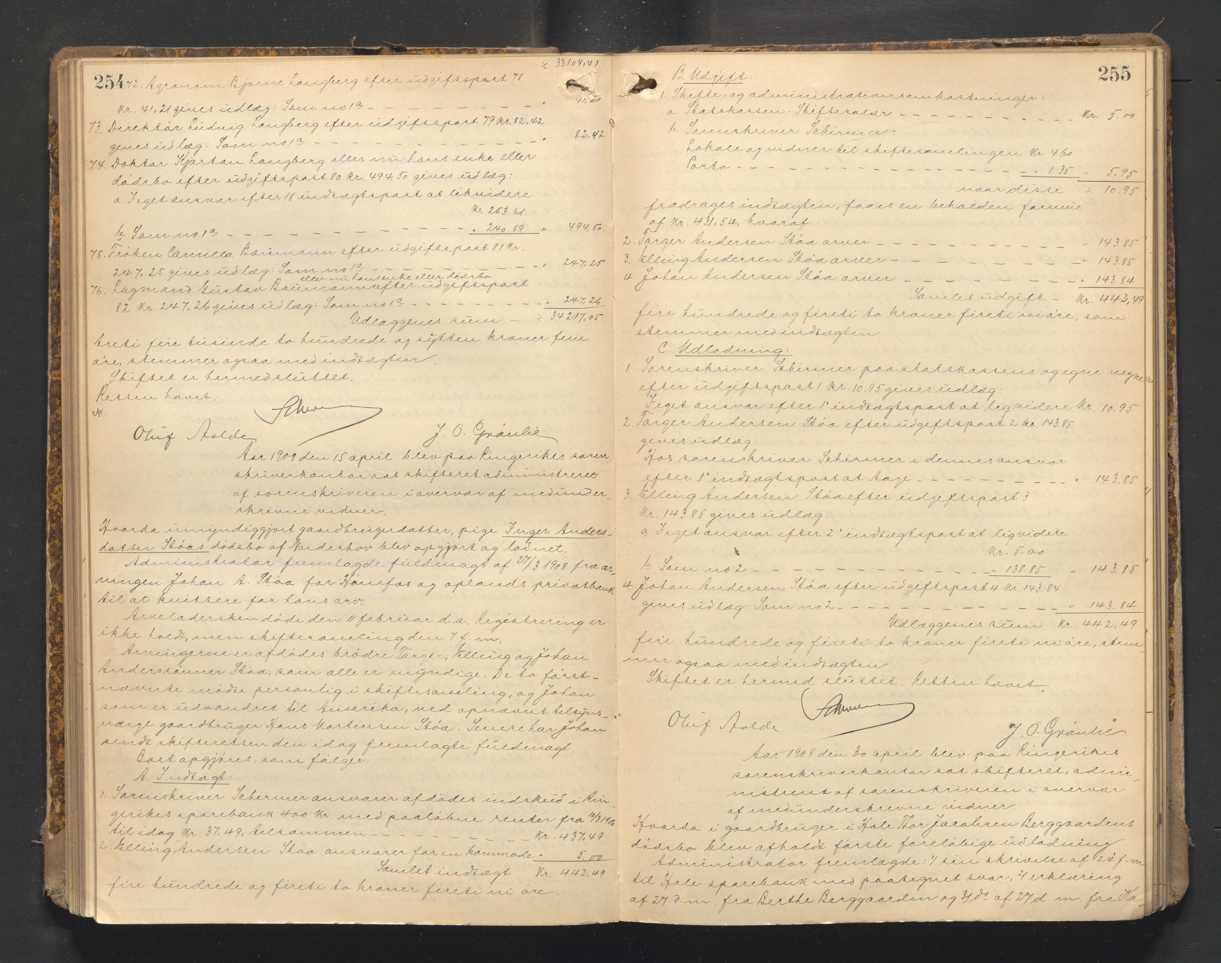 Ringerike sorenskriveri, AV/SAKO-A-105/H/Hb/Hbd/Hbda/L0012: Skifteutlodningsprotokoll, 1904-1911, s. 254-255