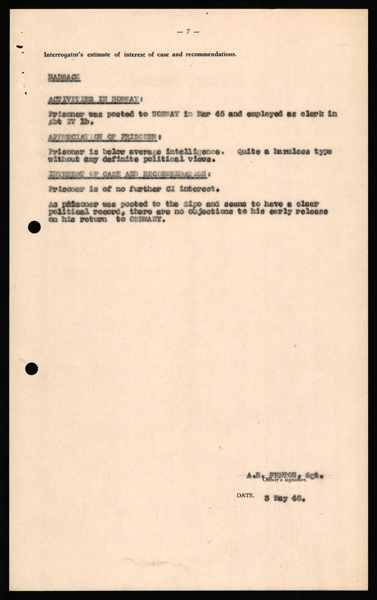 Forsvaret, Forsvarets overkommando II, AV/RA-RAFA-3915/D/Db/L0021: CI Questionaires. Tyske okkupasjonsstyrker i Norge. Tyskere., 1945-1946, s. 17