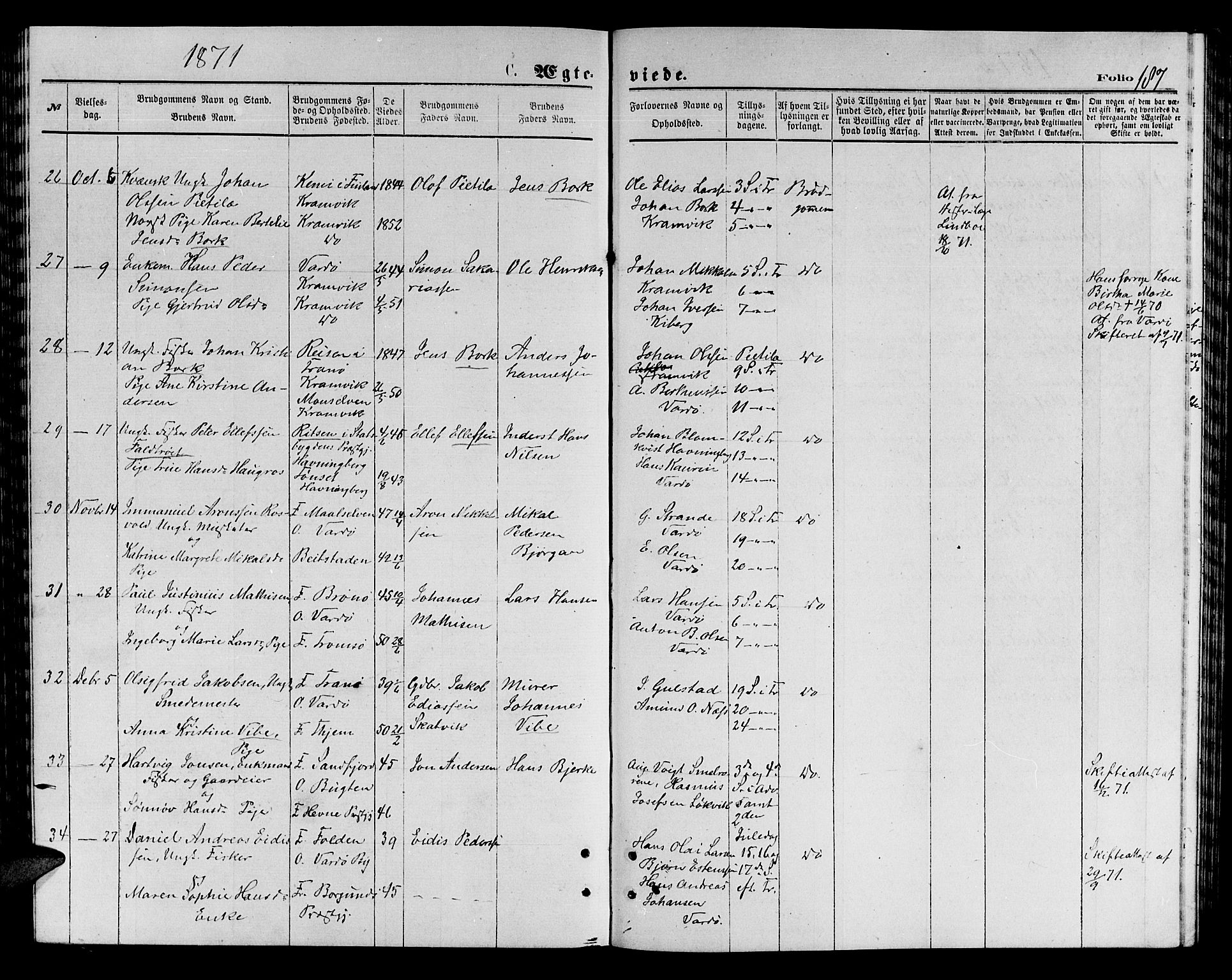 Vardø sokneprestkontor, AV/SATØ-S-1332/H/Hb/L0003klokker: Klokkerbok nr. 3, 1871-1878, s. 187