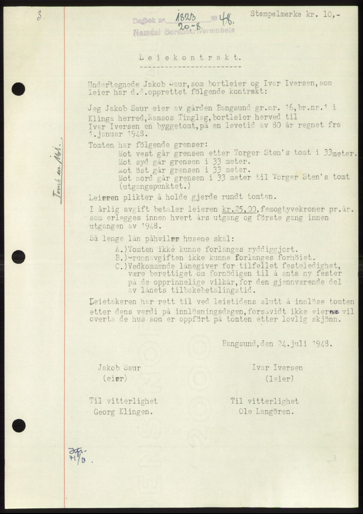 Namdal sorenskriveri, SAT/A-4133/1/2/2C: Pantebok nr. -, 1948-1948, Dagboknr: 1823/1948