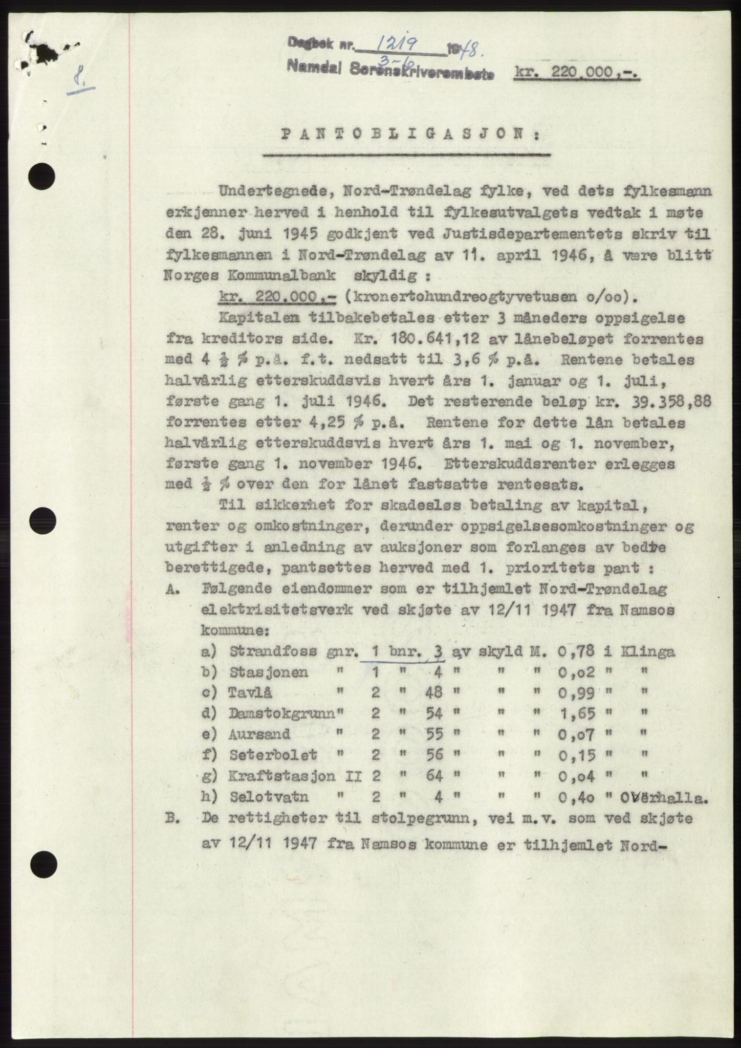 Namdal sorenskriveri, SAT/A-4133/1/2/2C: Pantebok nr. -, 1948-1948, Dagboknr: 1219/1948
