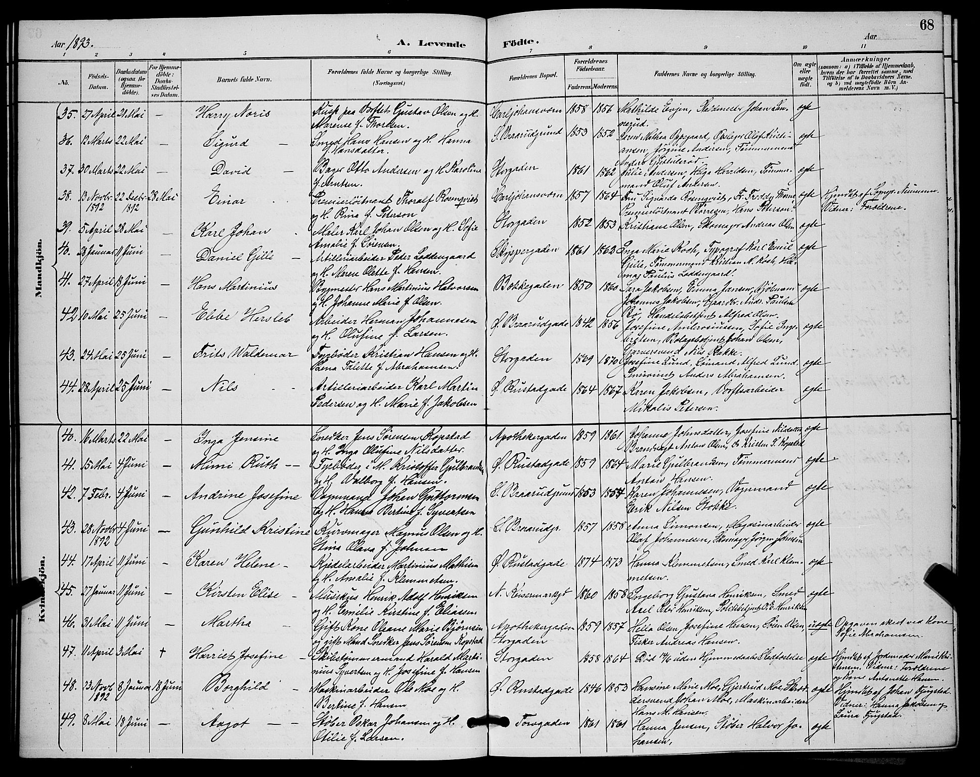 Horten kirkebøker, AV/SAKO-A-348/G/Ga/L0005: Klokkerbok nr. 5, 1888-1895, s. 68