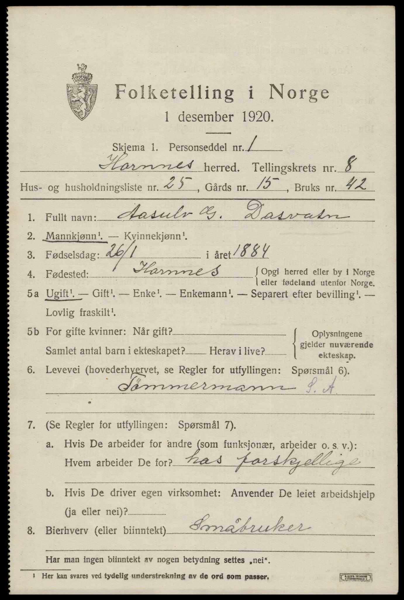 SAK, Folketelling 1920 for 0936 Hornnes herred, 1920, s. 2175