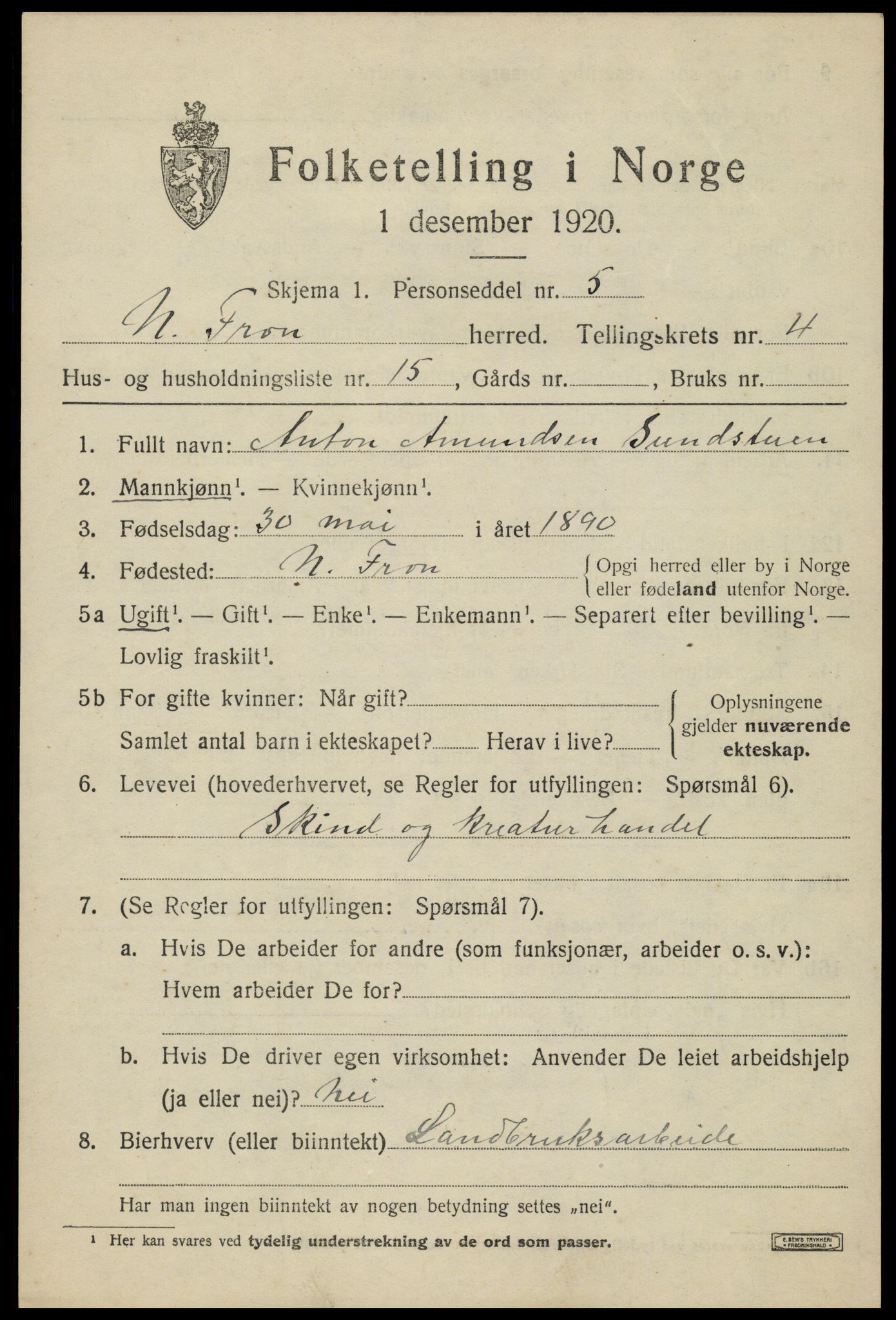 SAH, Folketelling 1920 for 0518 Nord-Fron herred, 1920, s. 4174