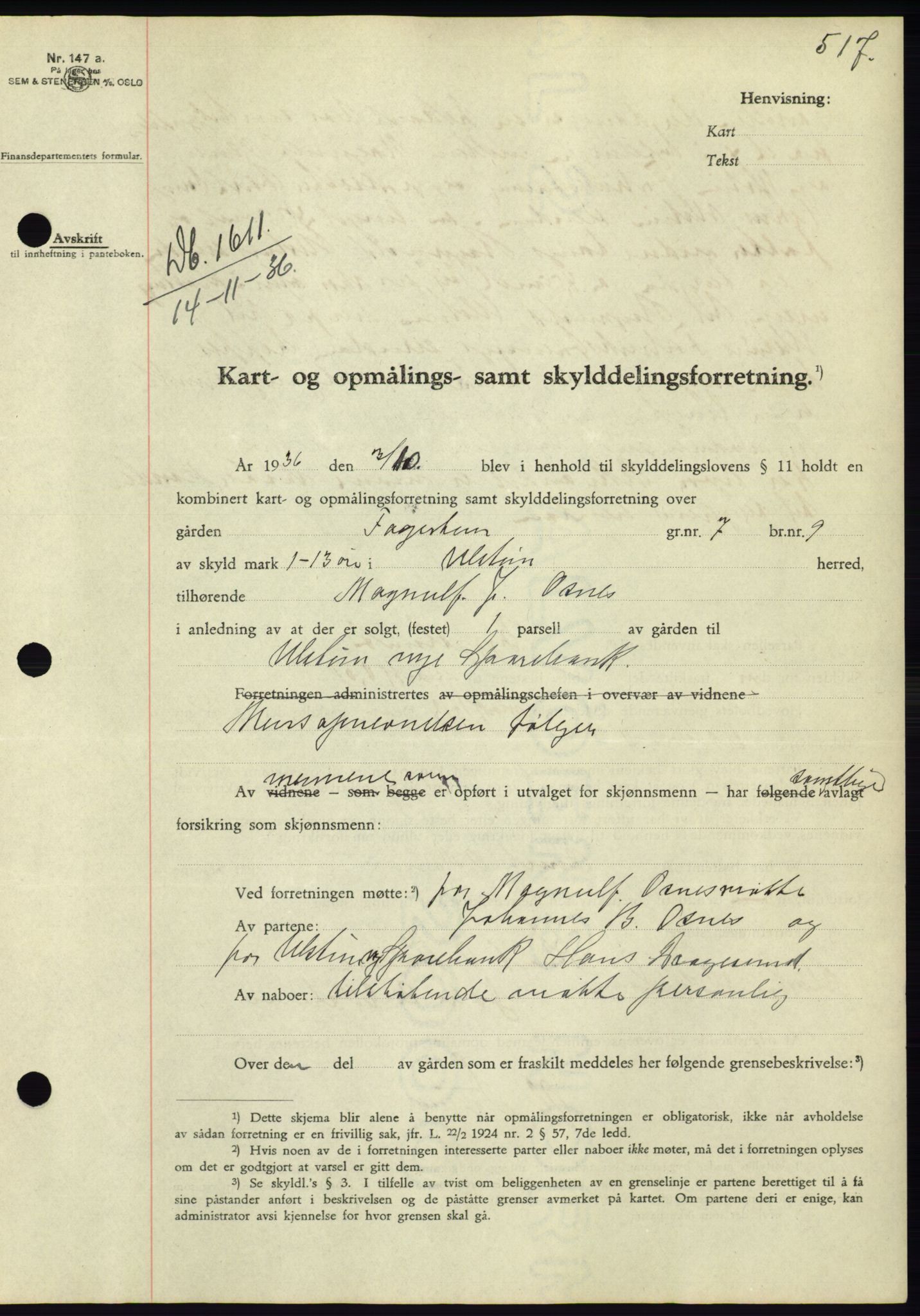 Søre Sunnmøre sorenskriveri, SAT/A-4122/1/2/2C/L0061: Pantebok nr. 55, 1936-1936, Dagboknr: 1611/1936