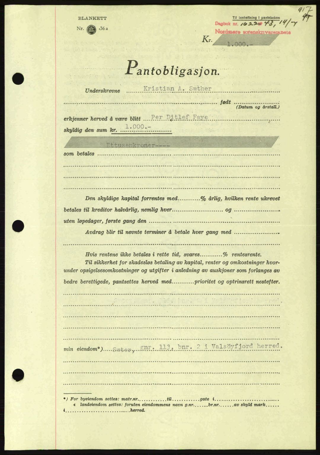 Nordmøre sorenskriveri, SAT/A-4132/1/2/2Ca: Pantebok nr. B90, 1942-1943, Dagboknr: 1622/1943
