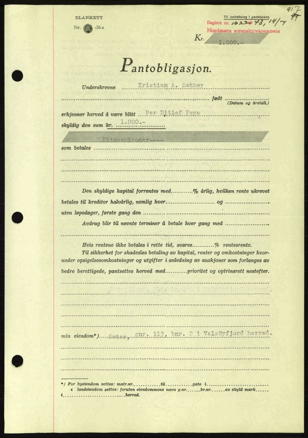 Nordmøre sorenskriveri, AV/SAT-A-4132/1/2/2Ca: Pantebok nr. B90, 1942-1943, Dagboknr: 1622/1943