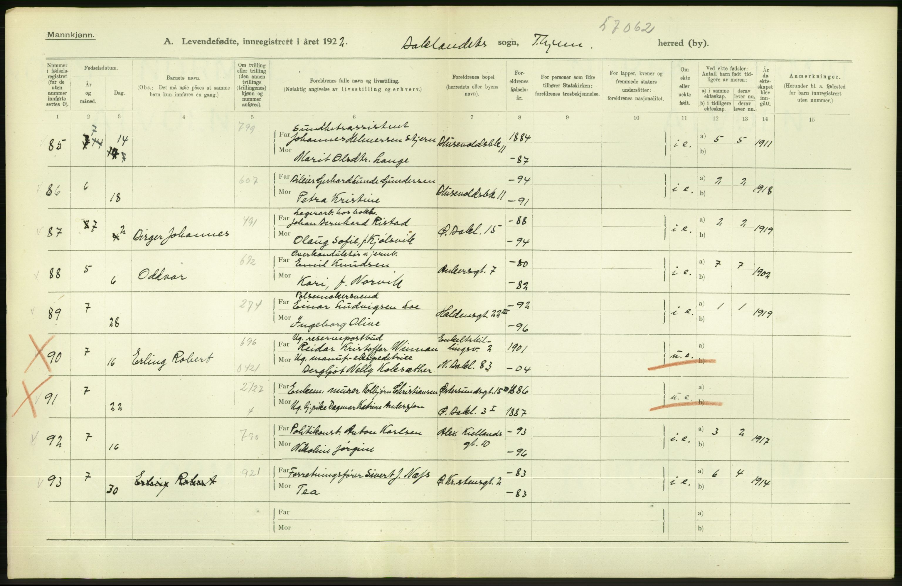 Statistisk sentralbyrå, Sosiodemografiske emner, Befolkning, AV/RA-S-2228/D/Df/Dfc/Dfcb/L0039: Trondheim: Levendefødte menn og kvinner., 1922, s. 50