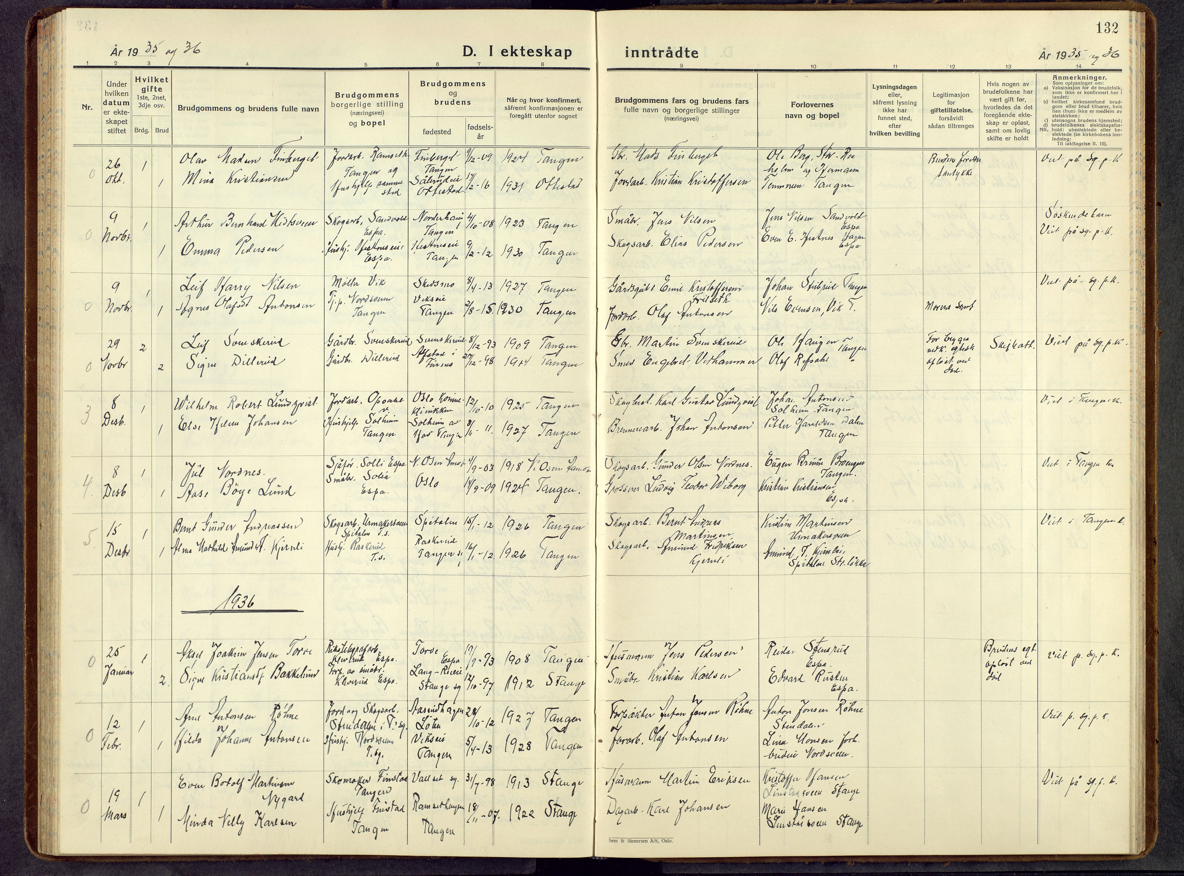 Stange prestekontor, AV/SAH-PREST-002/L/L0021: Klokkerbok nr. 21, 1937-1962, s. 132