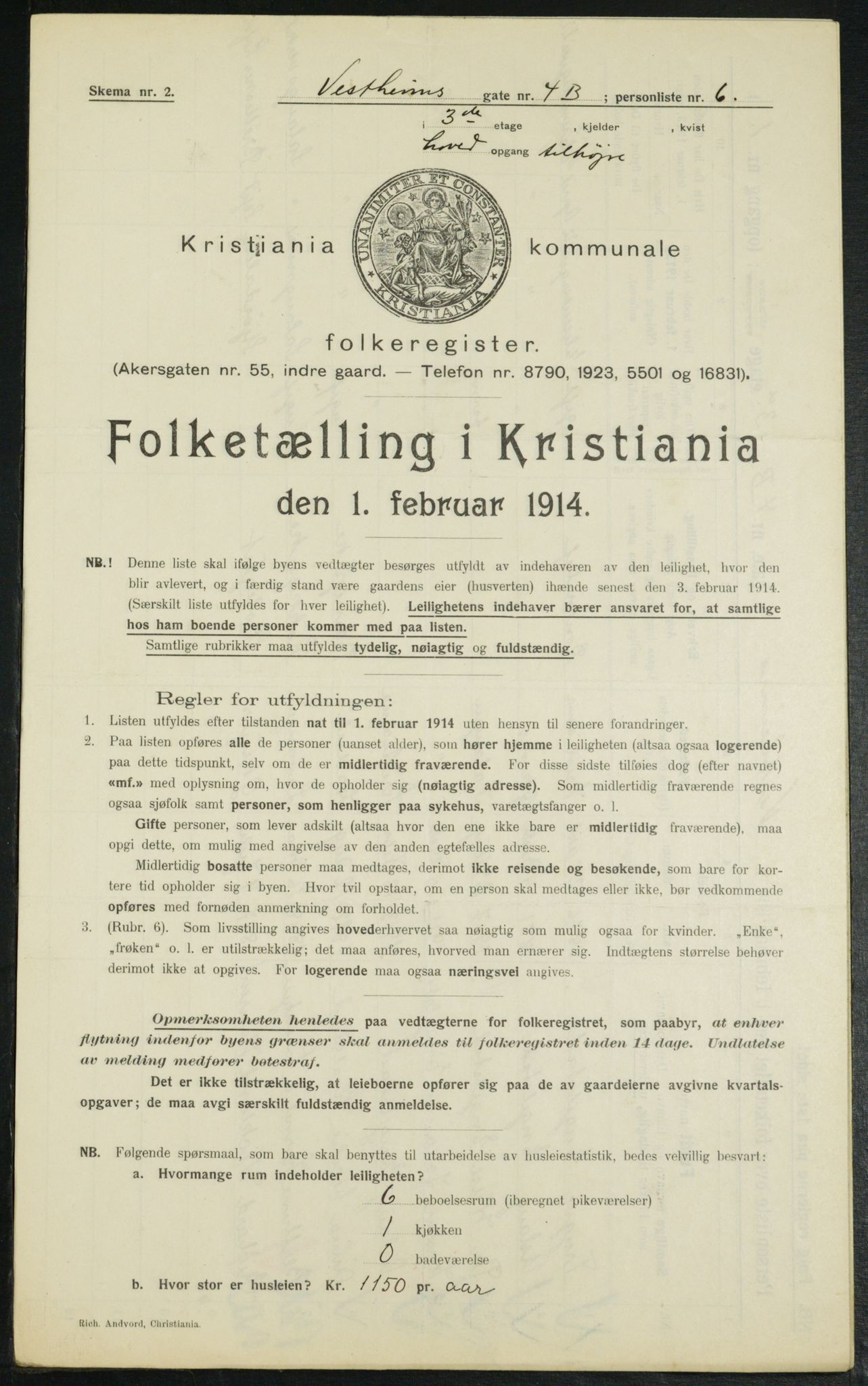 OBA, Kommunal folketelling 1.2.1914 for Kristiania, 1914, s. 123506