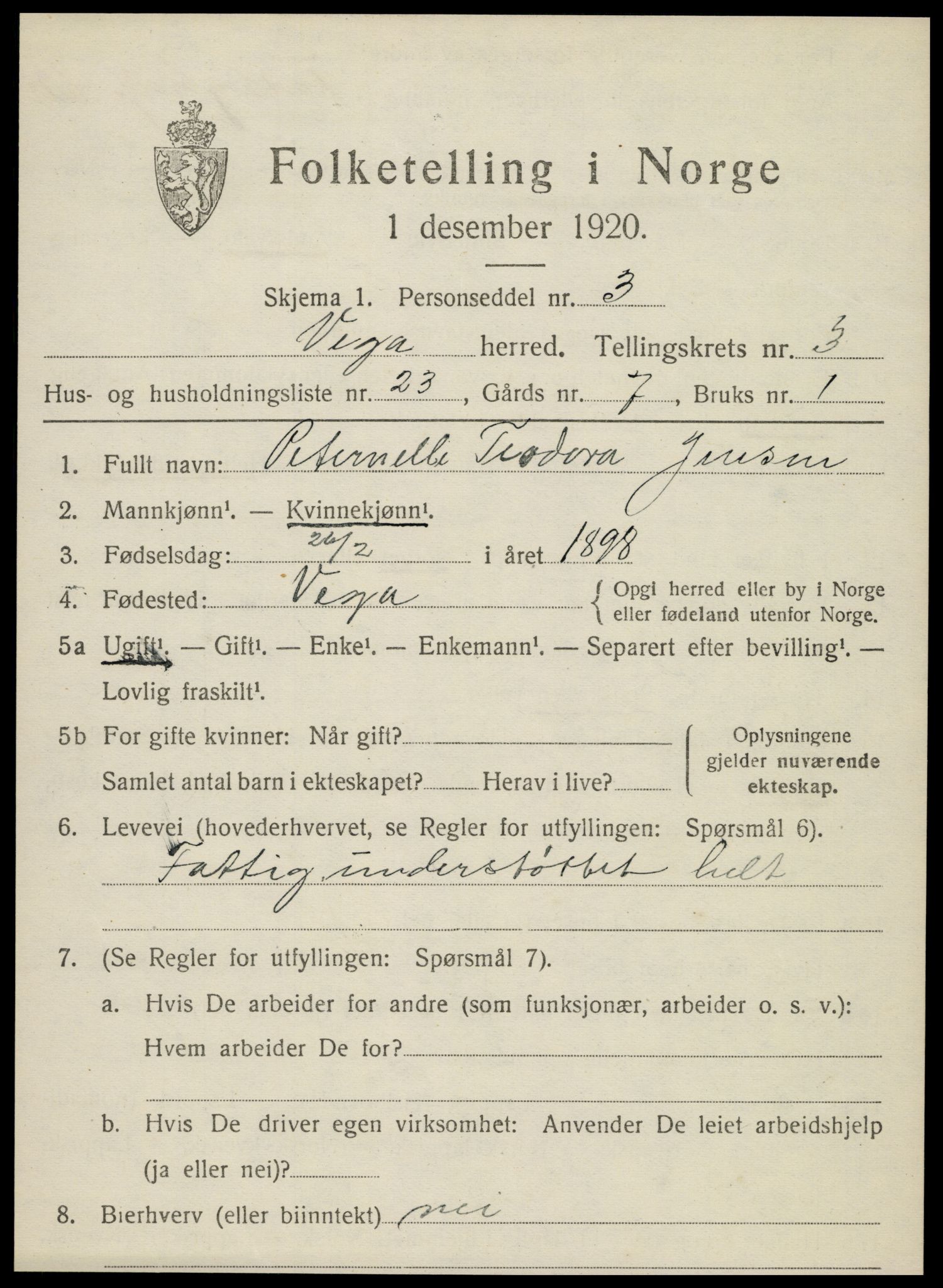 SAT, Folketelling 1920 for 1815 Vega herred, 1920, s. 1915