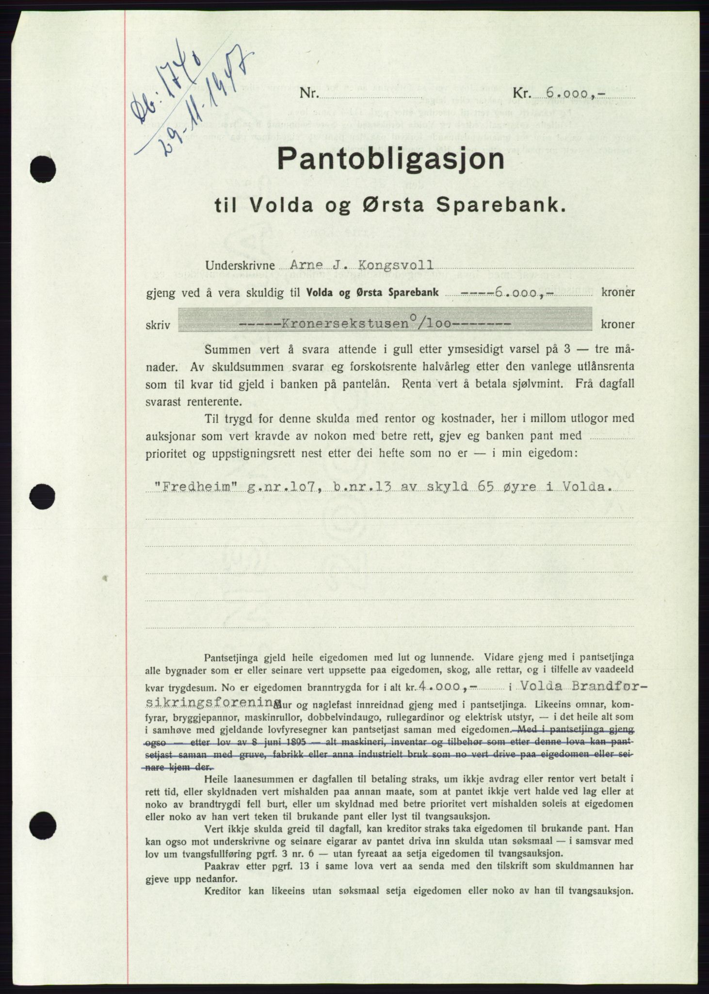 Søre Sunnmøre sorenskriveri, AV/SAT-A-4122/1/2/2C/L0115: Pantebok nr. 3B, 1947-1948, Dagboknr: 1740/1947