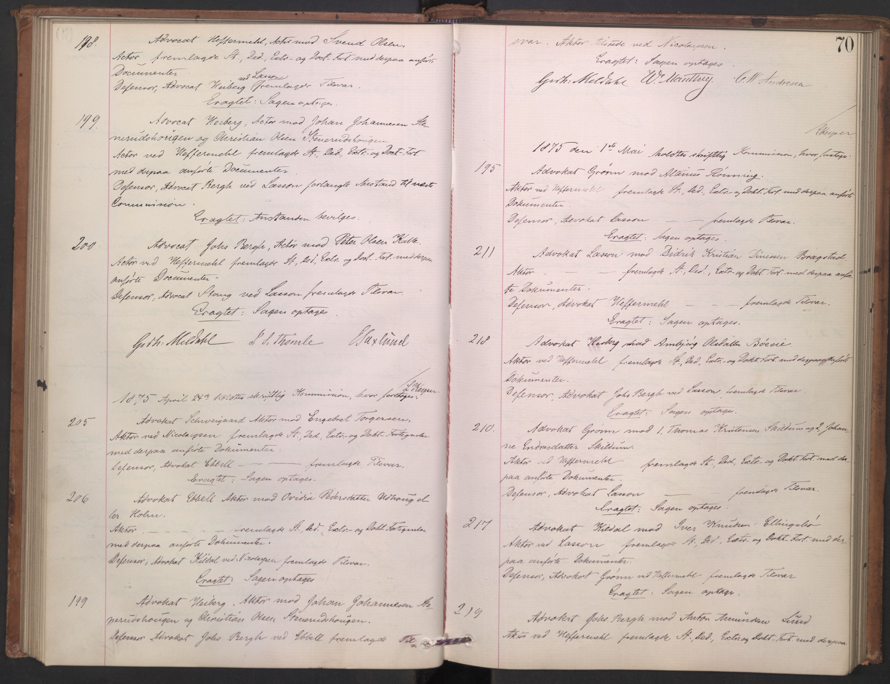 Høyesterett, AV/RA-S-1002/E/Ef/L0013: Protokoll over saker som gikk til skriftlig behandling, 1873-1879, s. 69b-70a