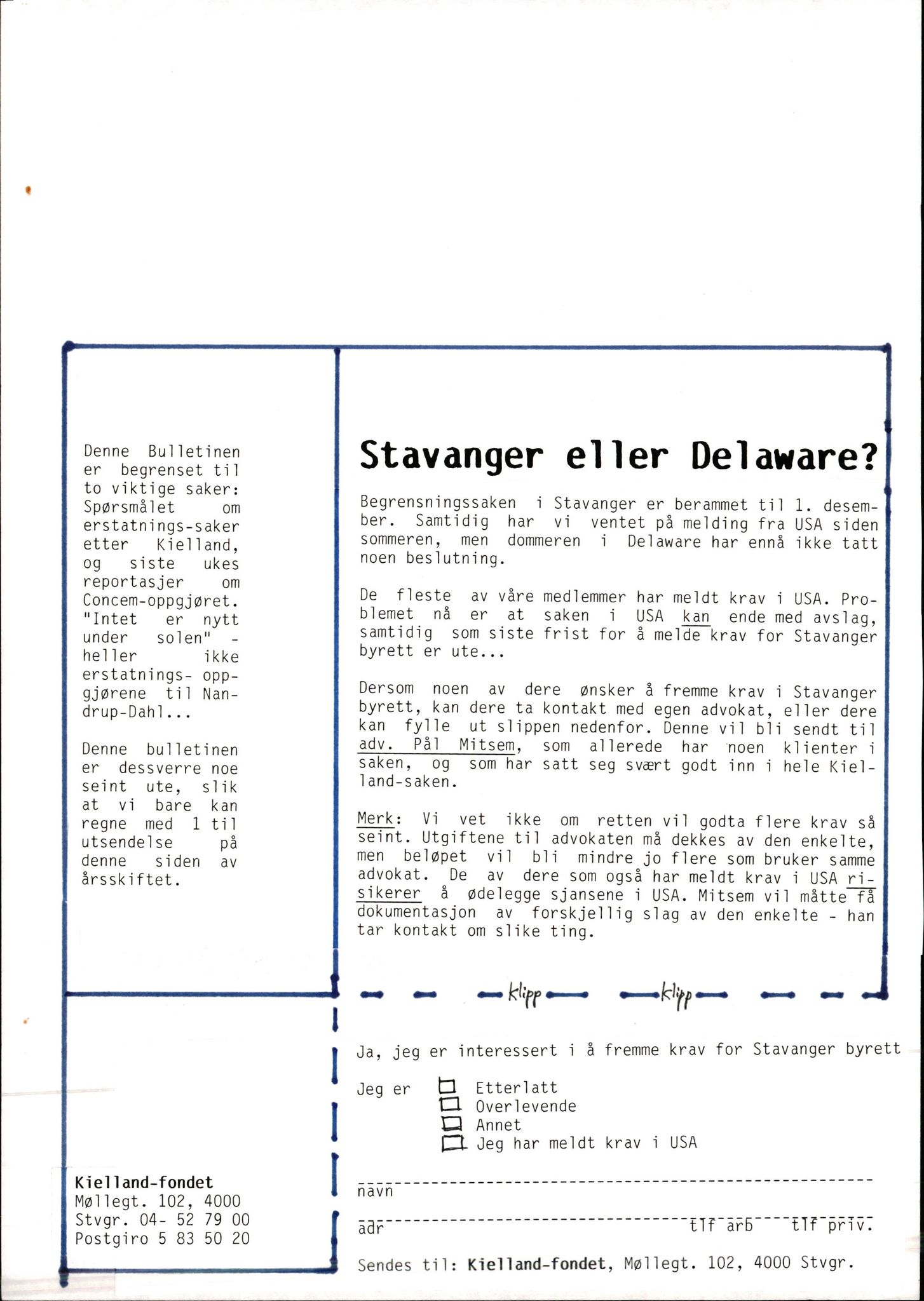 Pa 1660 - Kielland- fondet, AV/SAST-A-102242/X/Xa/L0001: Rapport til overlevende og etterlatte/ Kielland Bulletin, 1980-1998