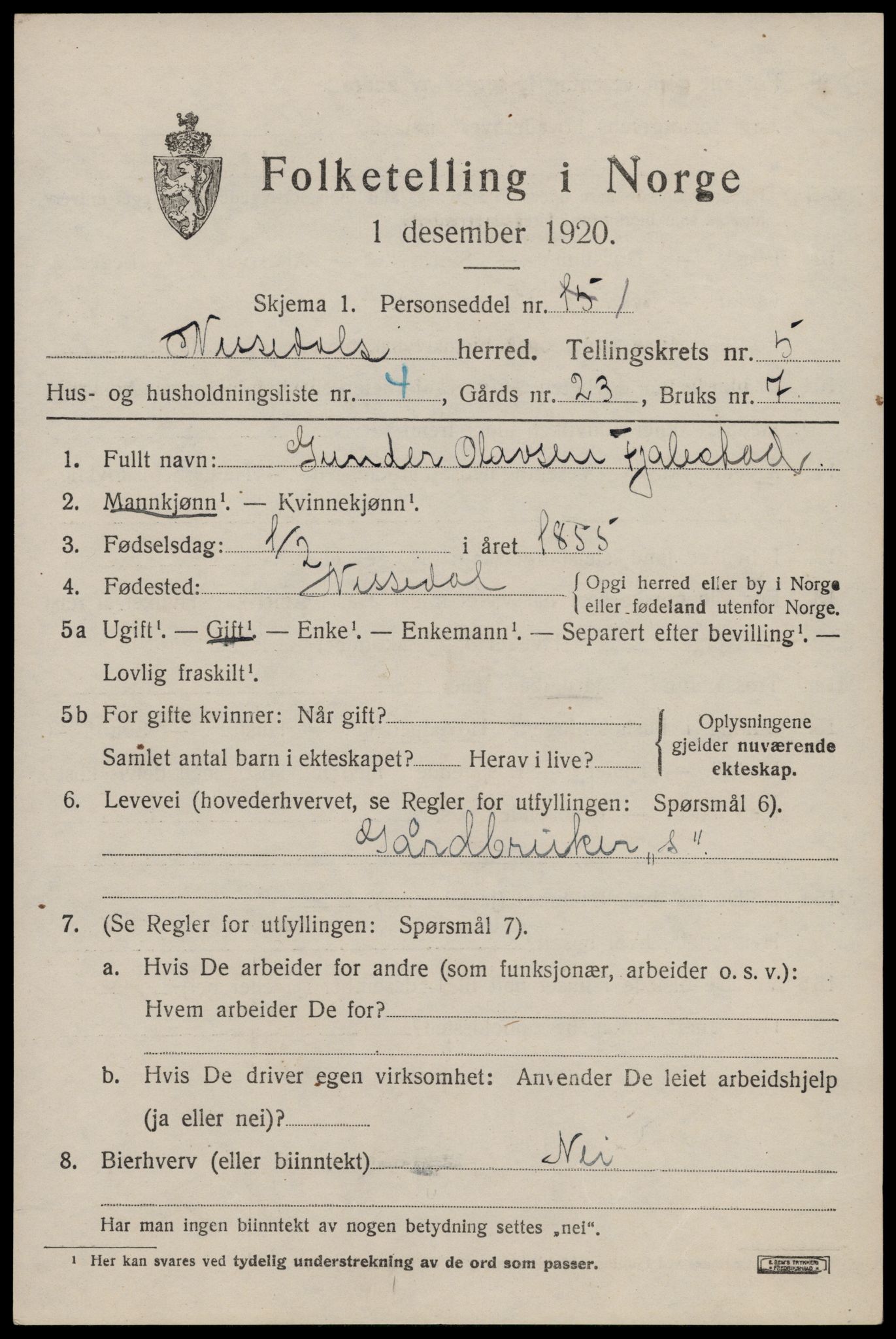SAKO, Folketelling 1920 for 0830 Nissedal herred, 1920, s. 2059