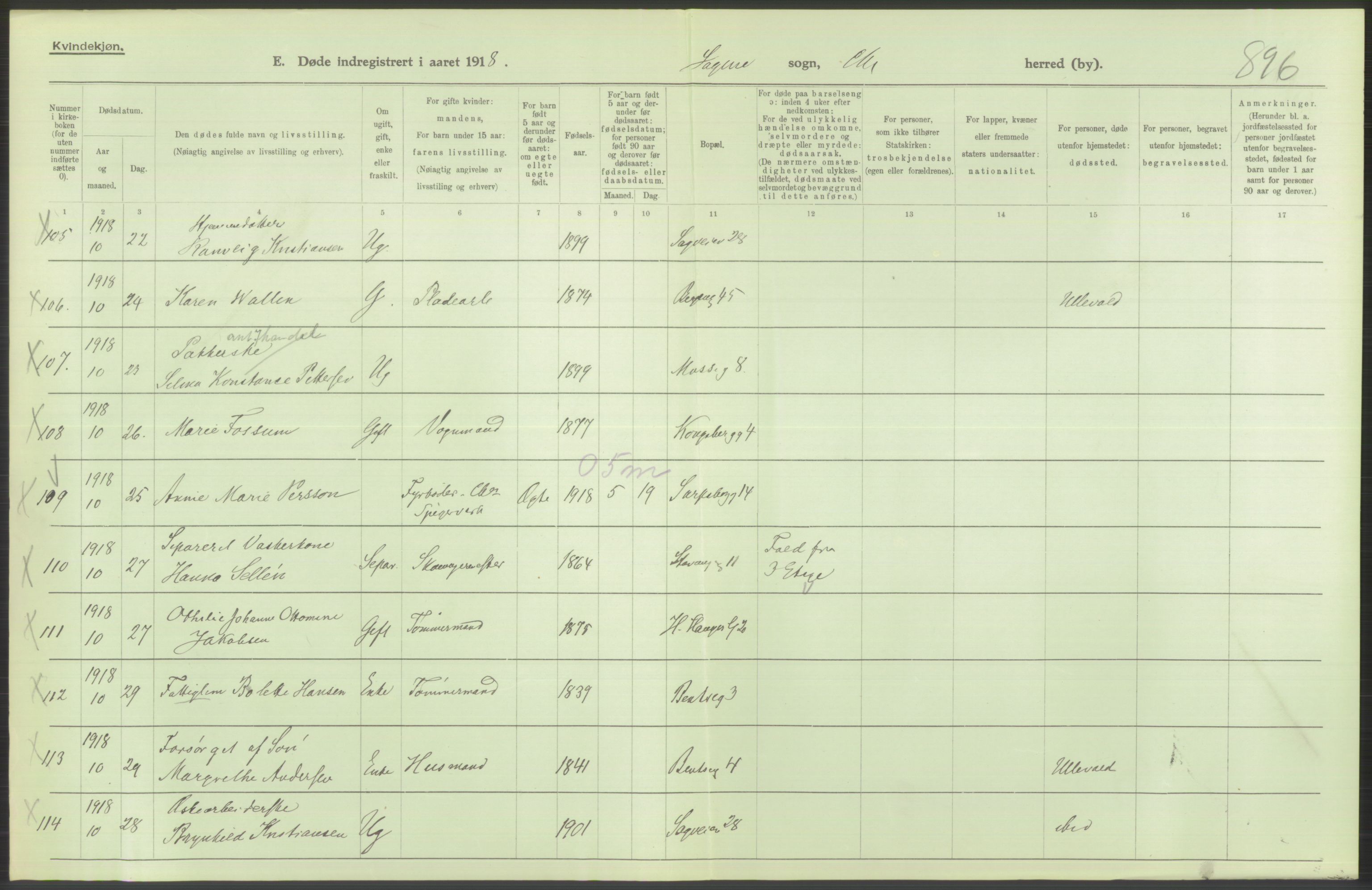 Statistisk sentralbyrå, Sosiodemografiske emner, Befolkning, AV/RA-S-2228/D/Df/Dfb/Dfbh/L0010: Kristiania: Døde, 1918, s. 544