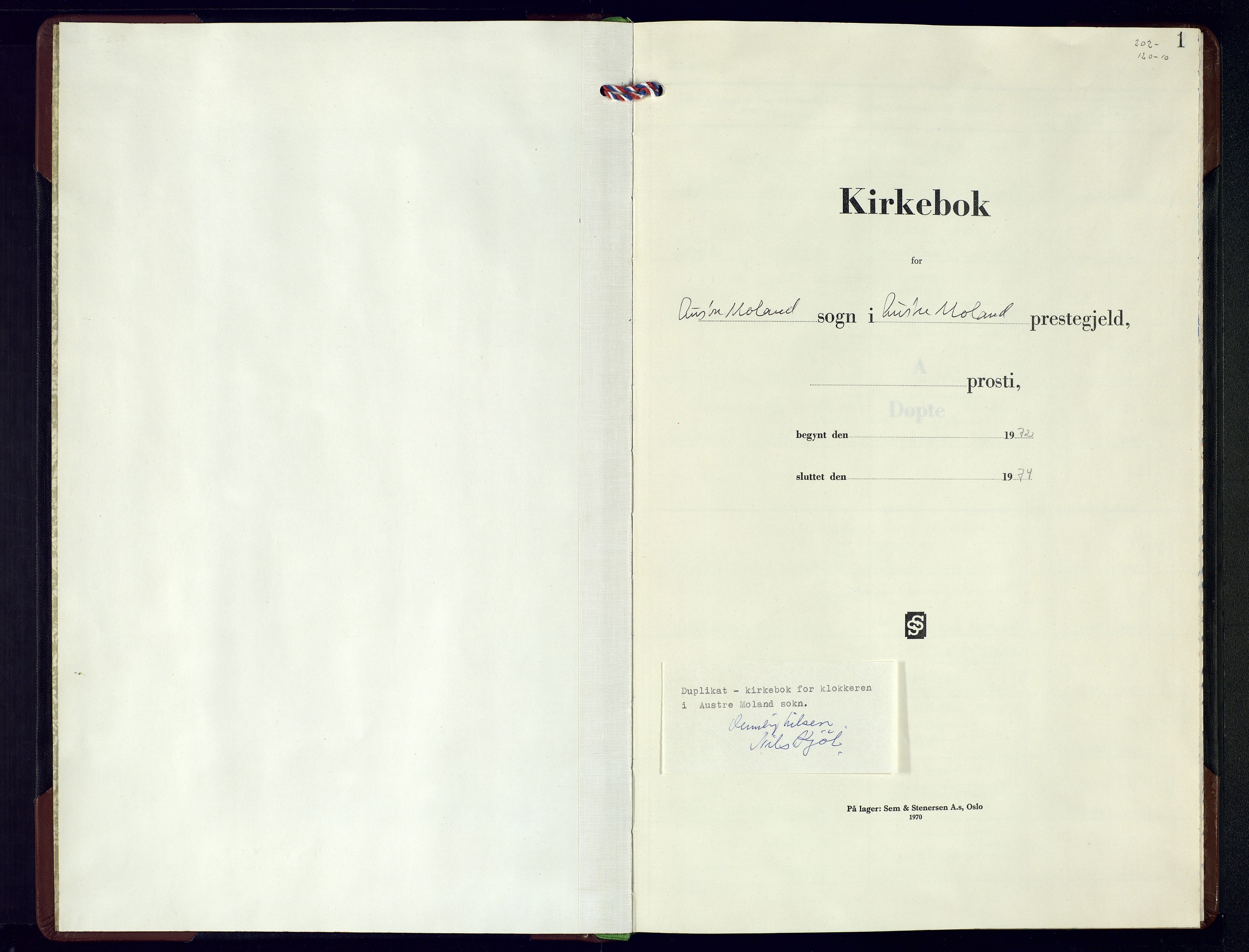 Austre Moland sokneprestkontor, SAK/1111-0001/F/Fb/Fba/L0007: Klokkerbok nr. B-6, 1972-1974, s. 1